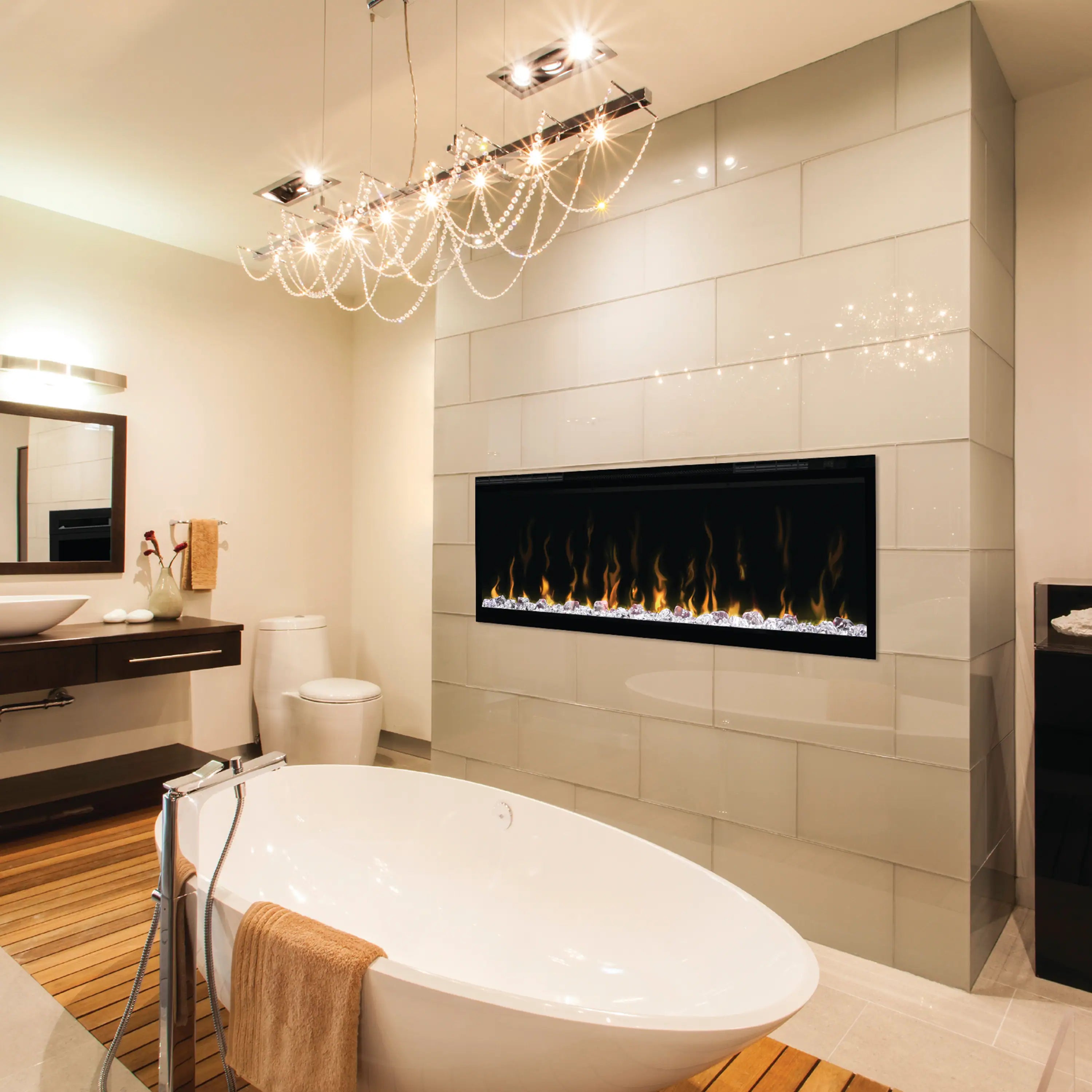 Built-in linear electric fireplace with flame effect behind black surround