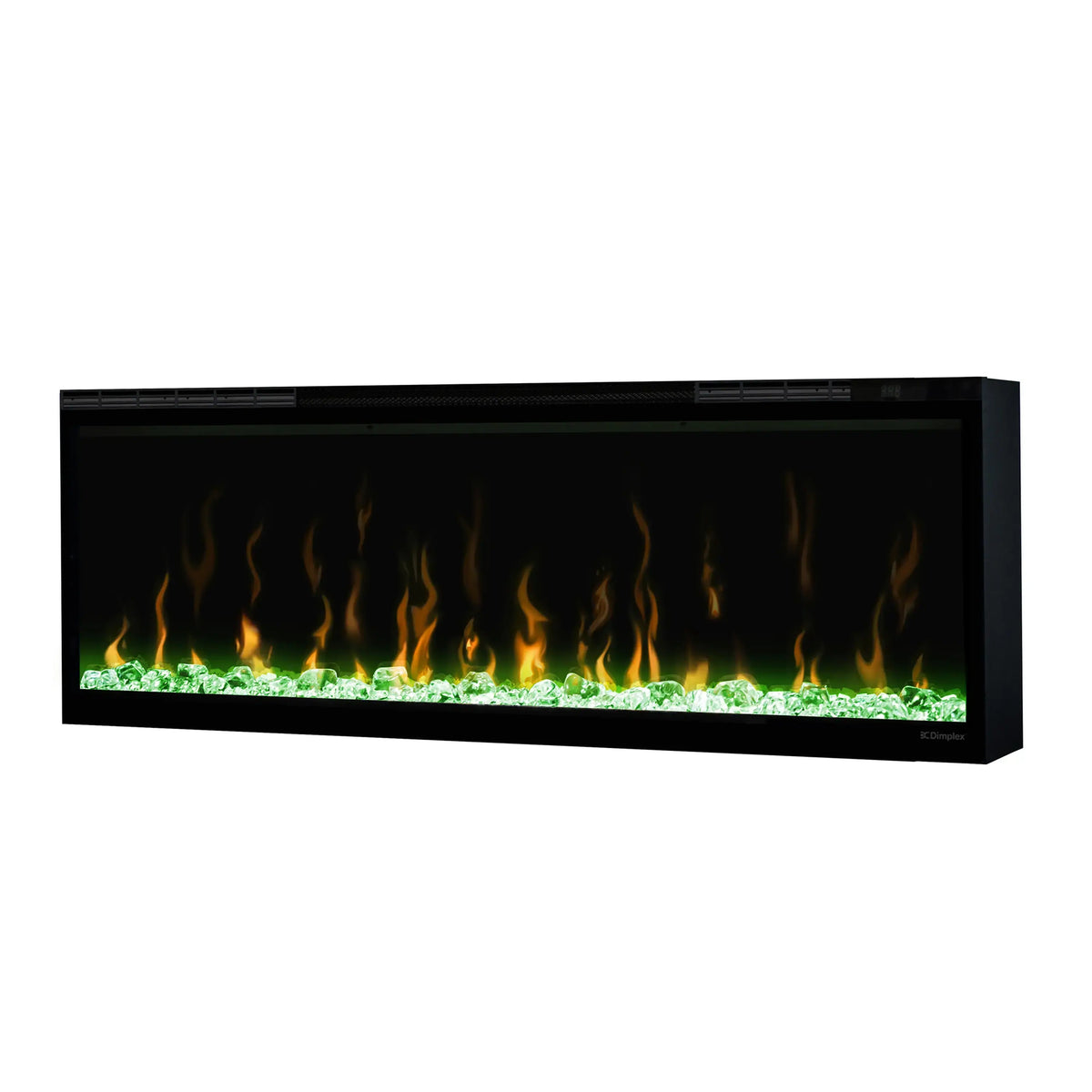 Black linear electric fireplace with orange flames and green ember bed glow