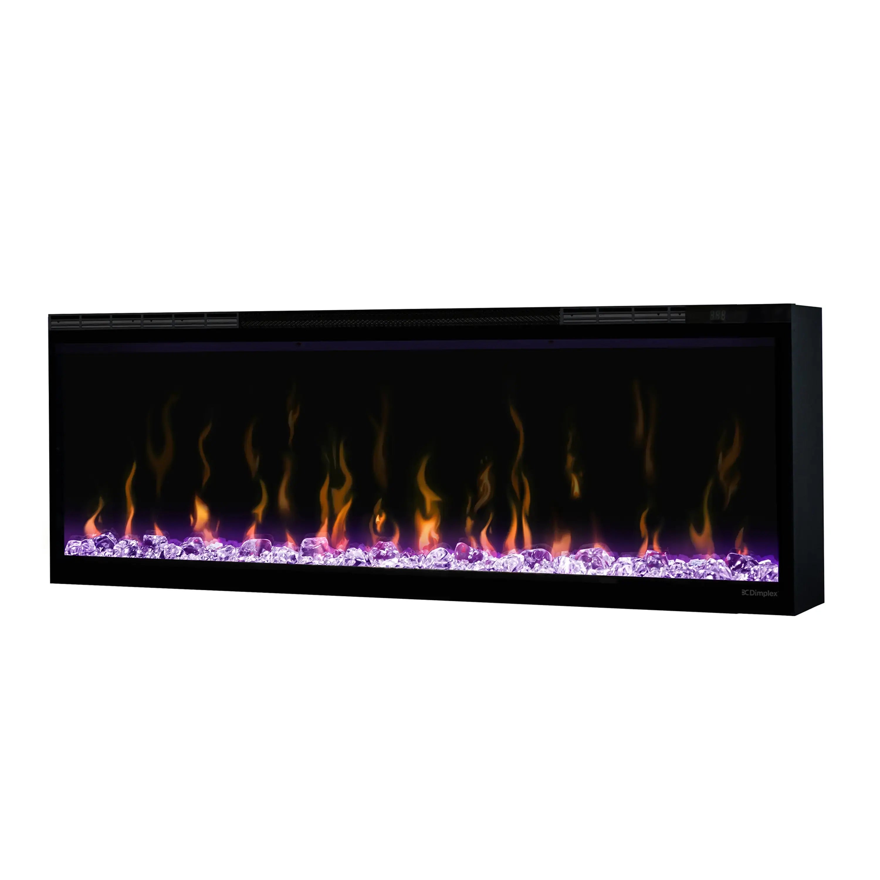 Black linear electric fireplace with orange flames and purple ember bed glow