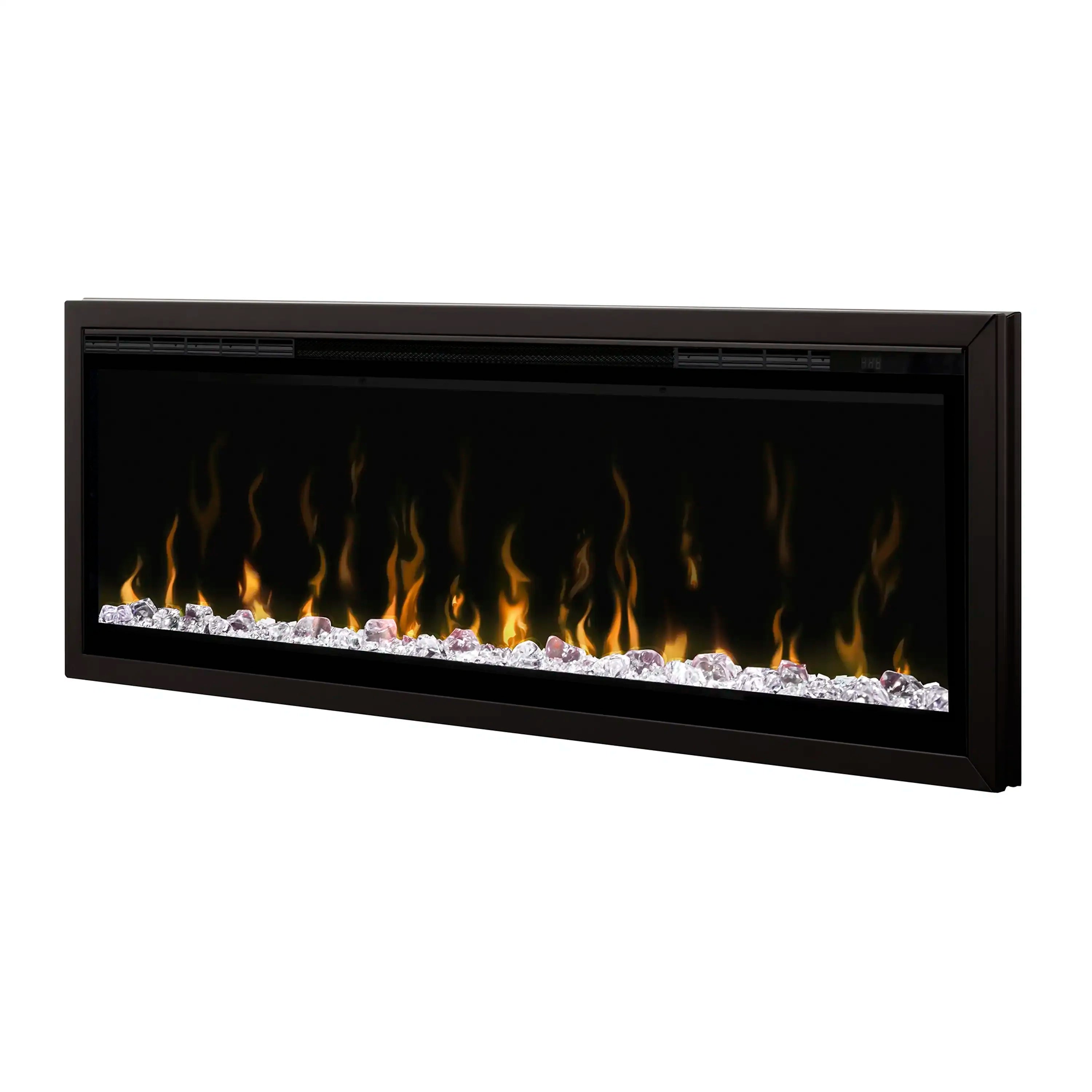Fireplace trim frame showing flames behind black glass panel