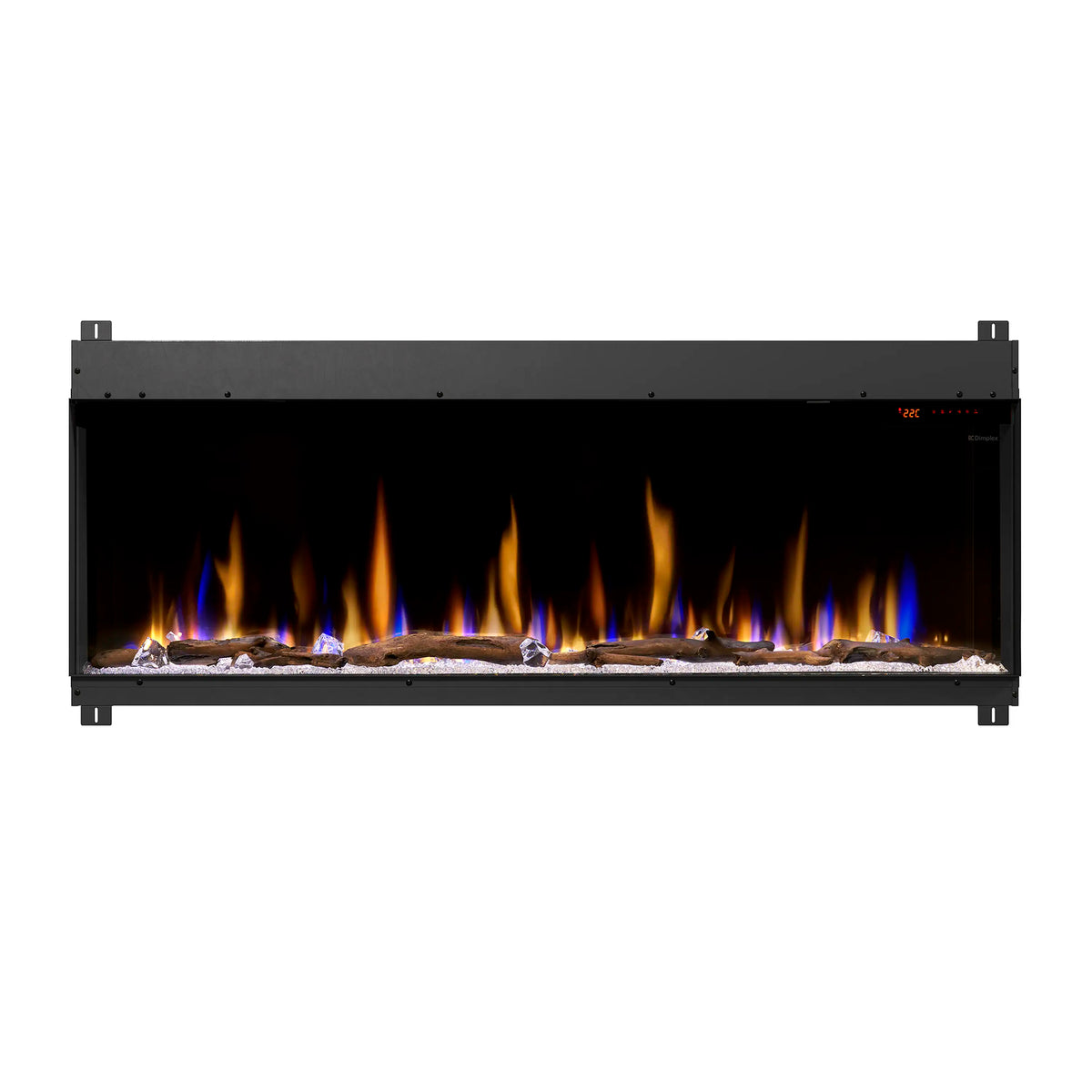 Linear electric fireplace with black frame and glowing flame effect log bed