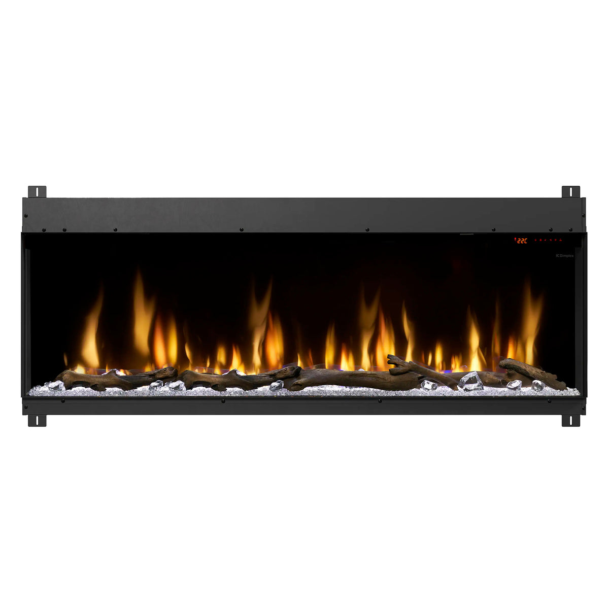 Built-in linear electric fireplace with flame display over gray stone ember bed