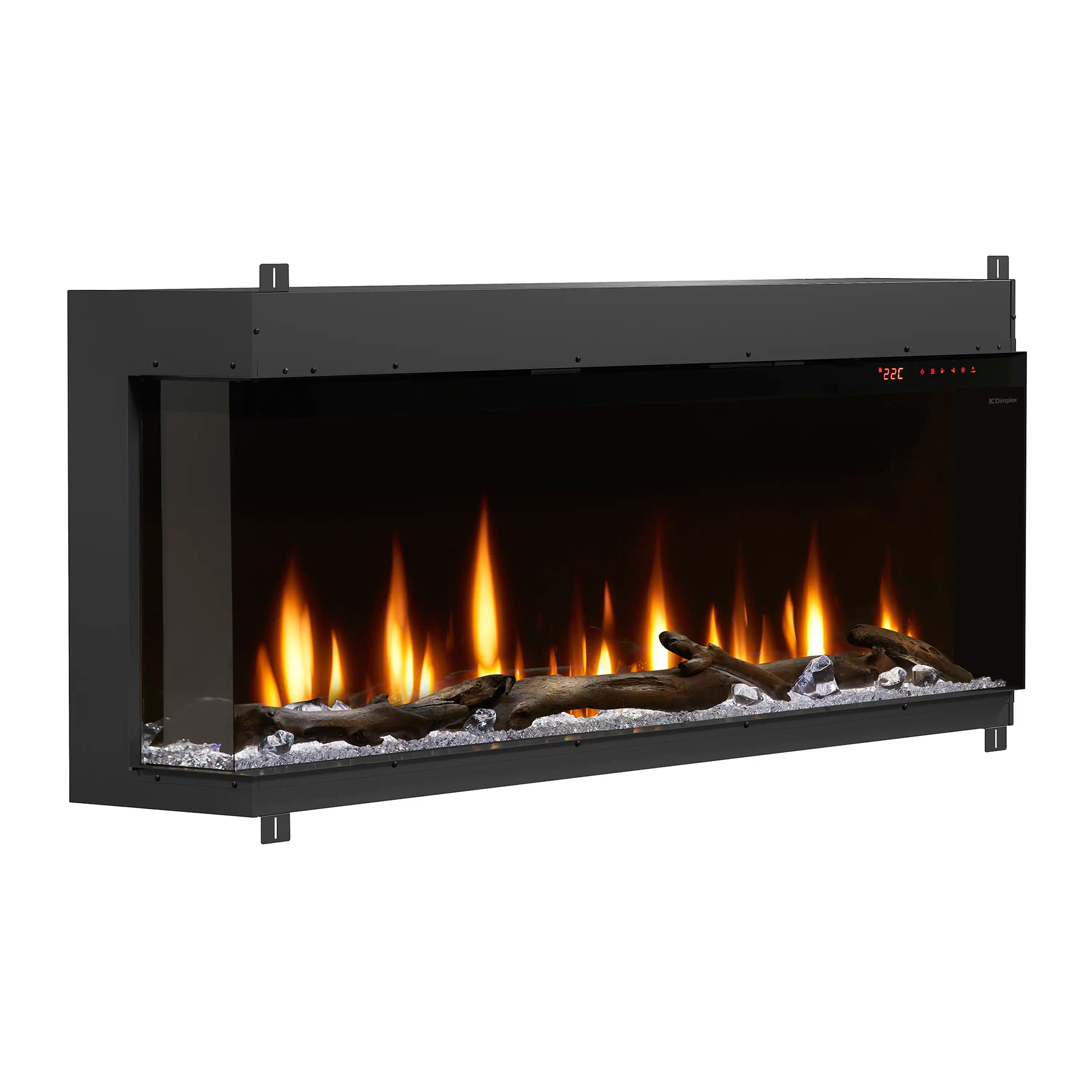 Black linear electric fireplace insert with orange flames and faux logs