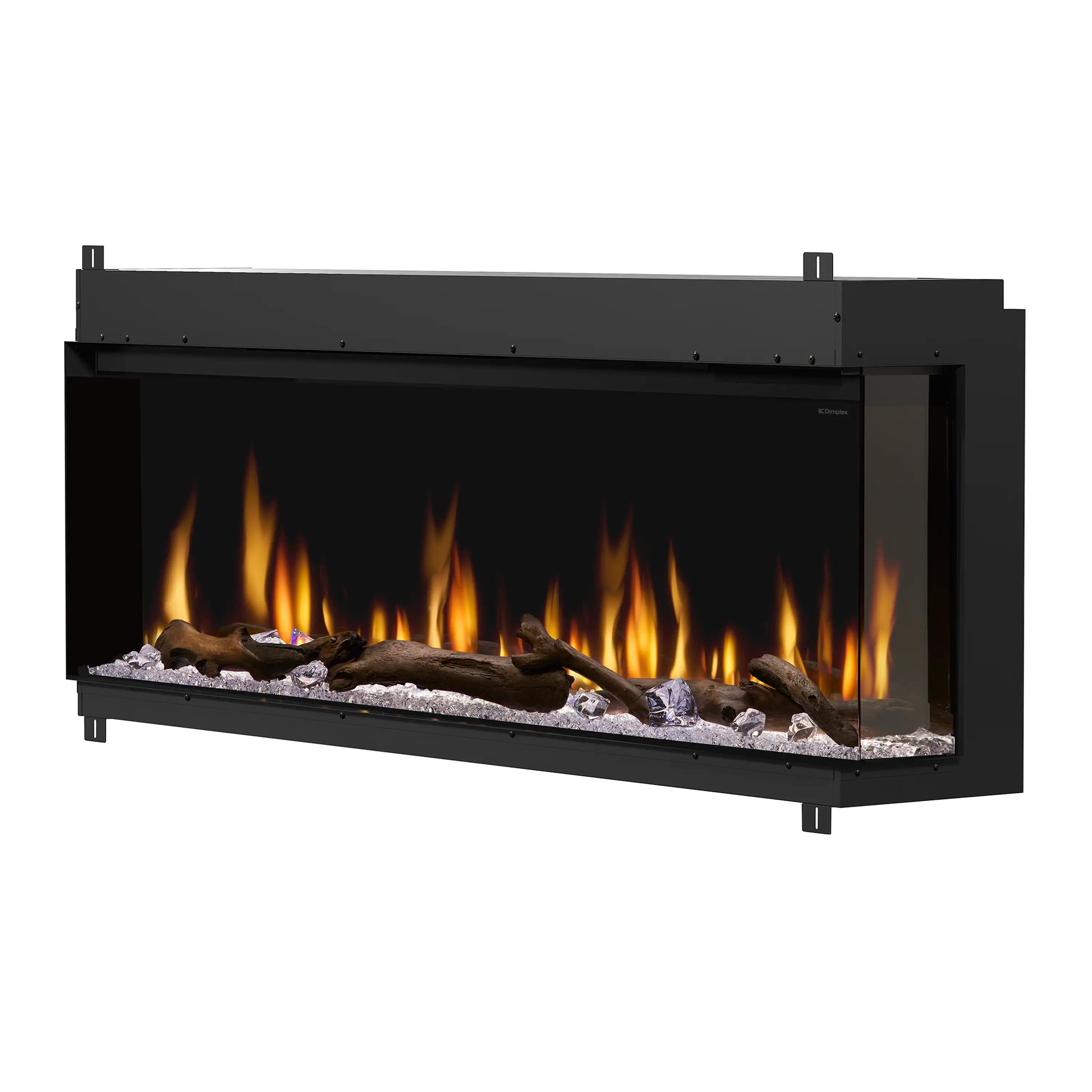 Black built-in linear electric fireplace with glowing flames and faux log ember bed