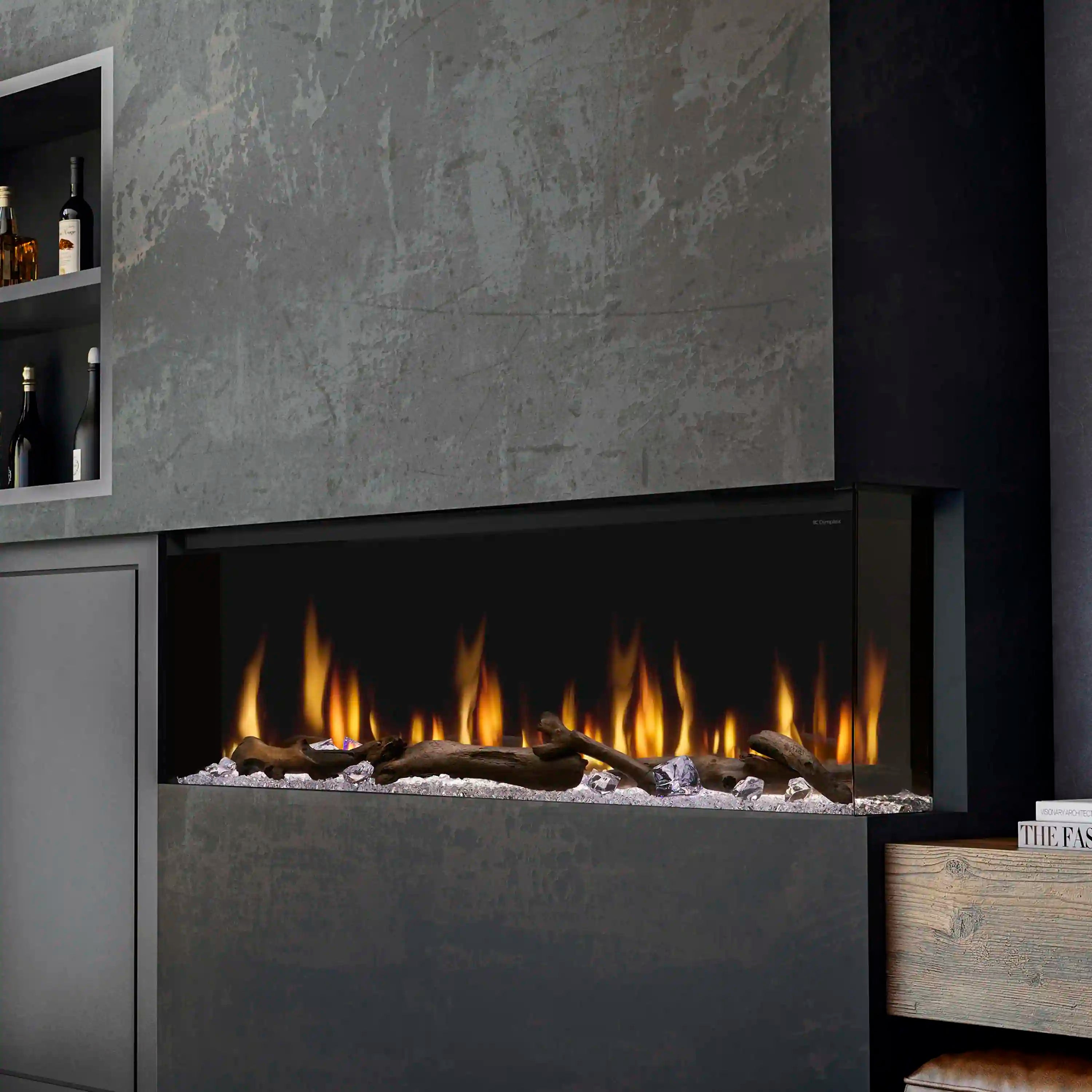 Dimplex Ignite built-in linear electric fireplace with glowing flames and gray surround