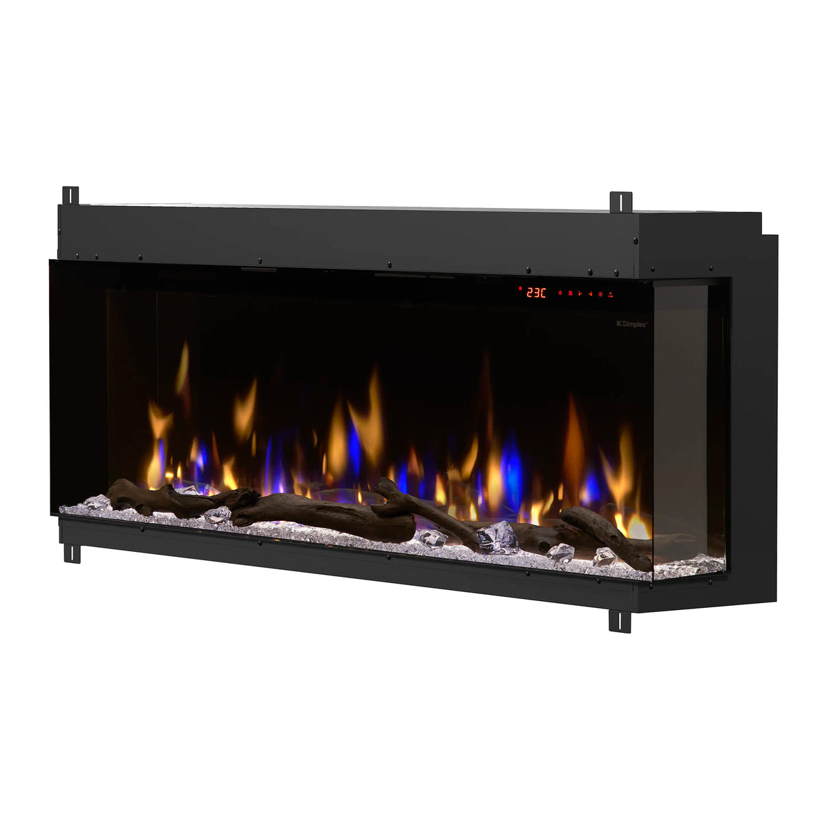 Black built-in linear electric fireplace with warm flames and blue accents