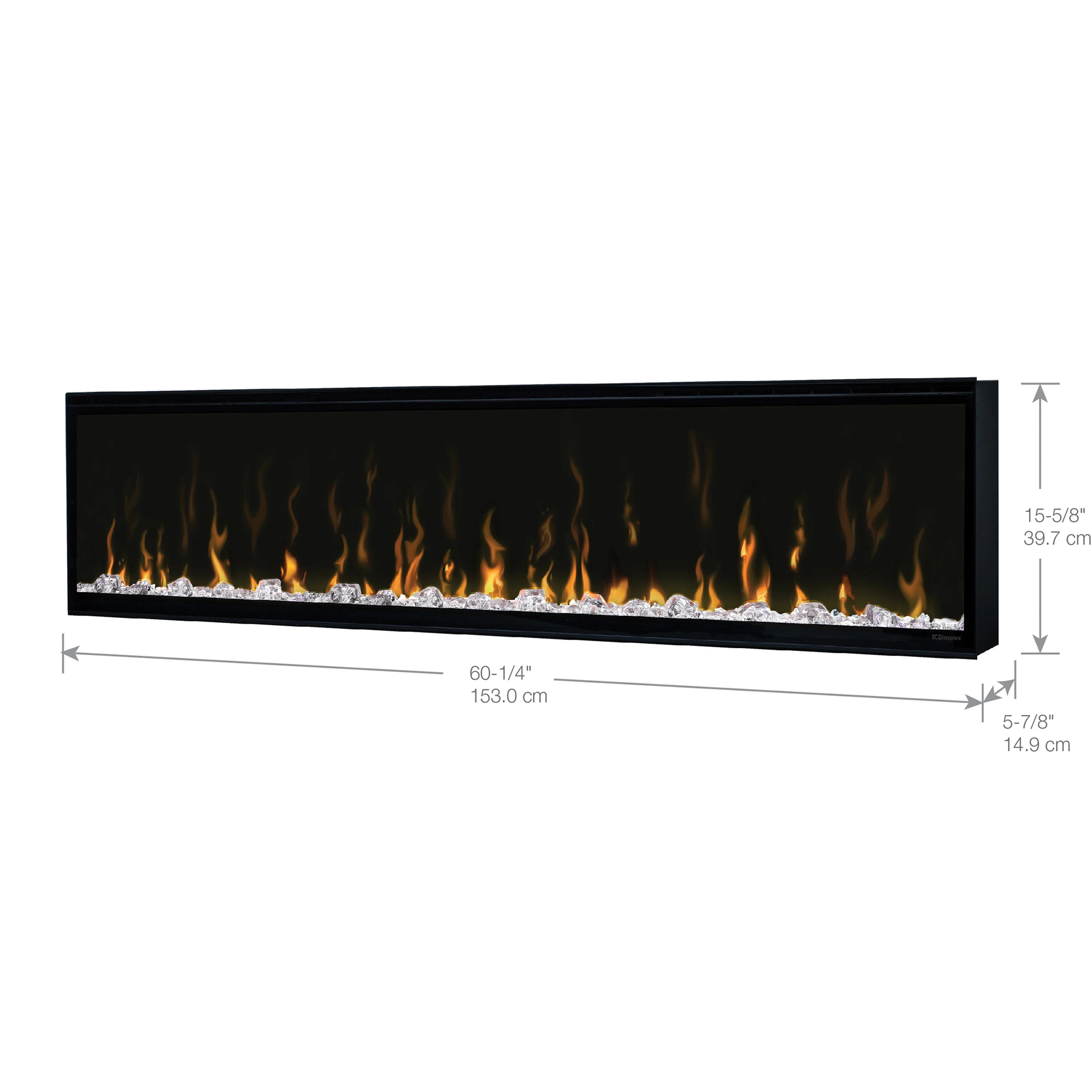 Black linear electric fireplace insert with long glass front and burning flame effects