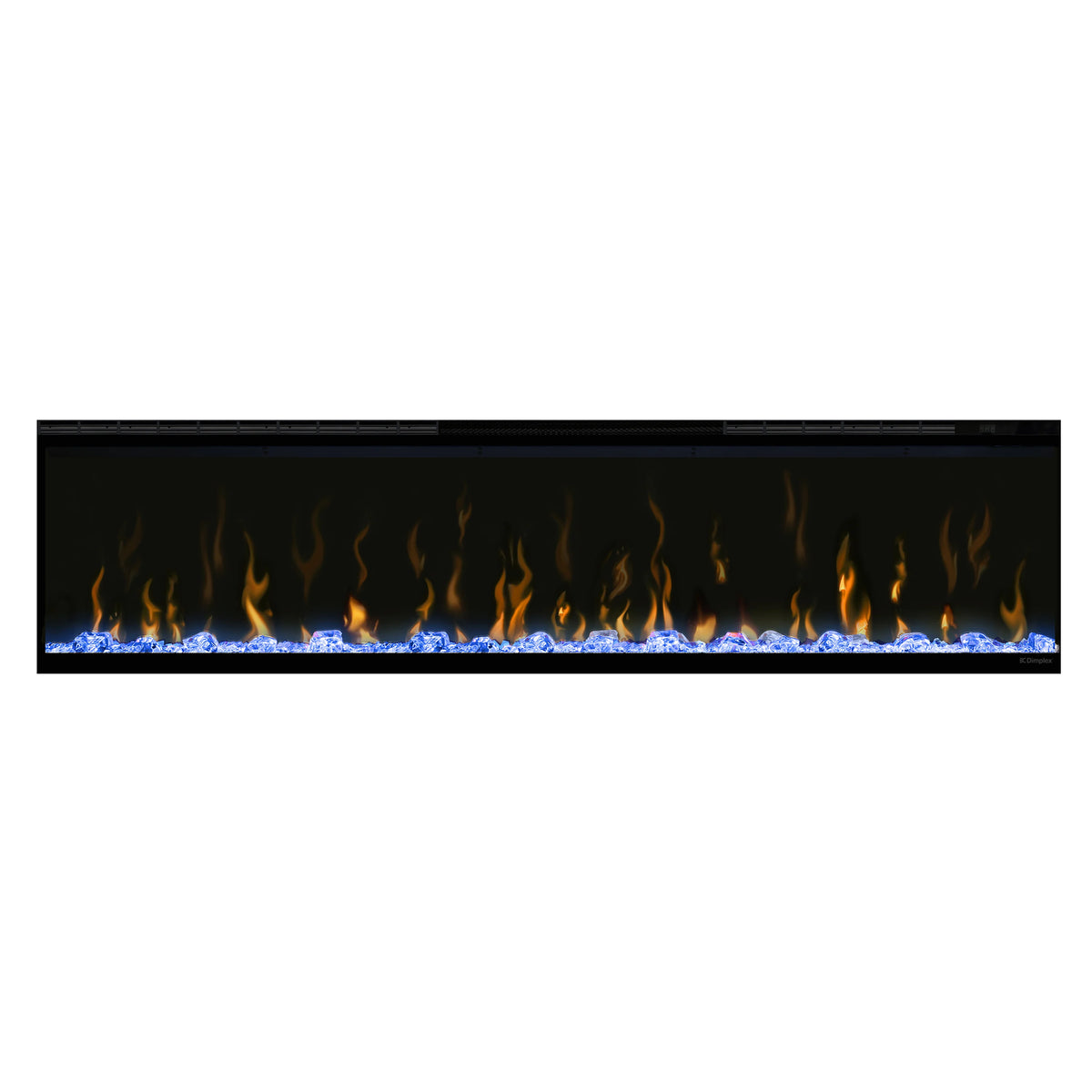 Black linear electric fireplace insert with blue-toned flame effects behind glass