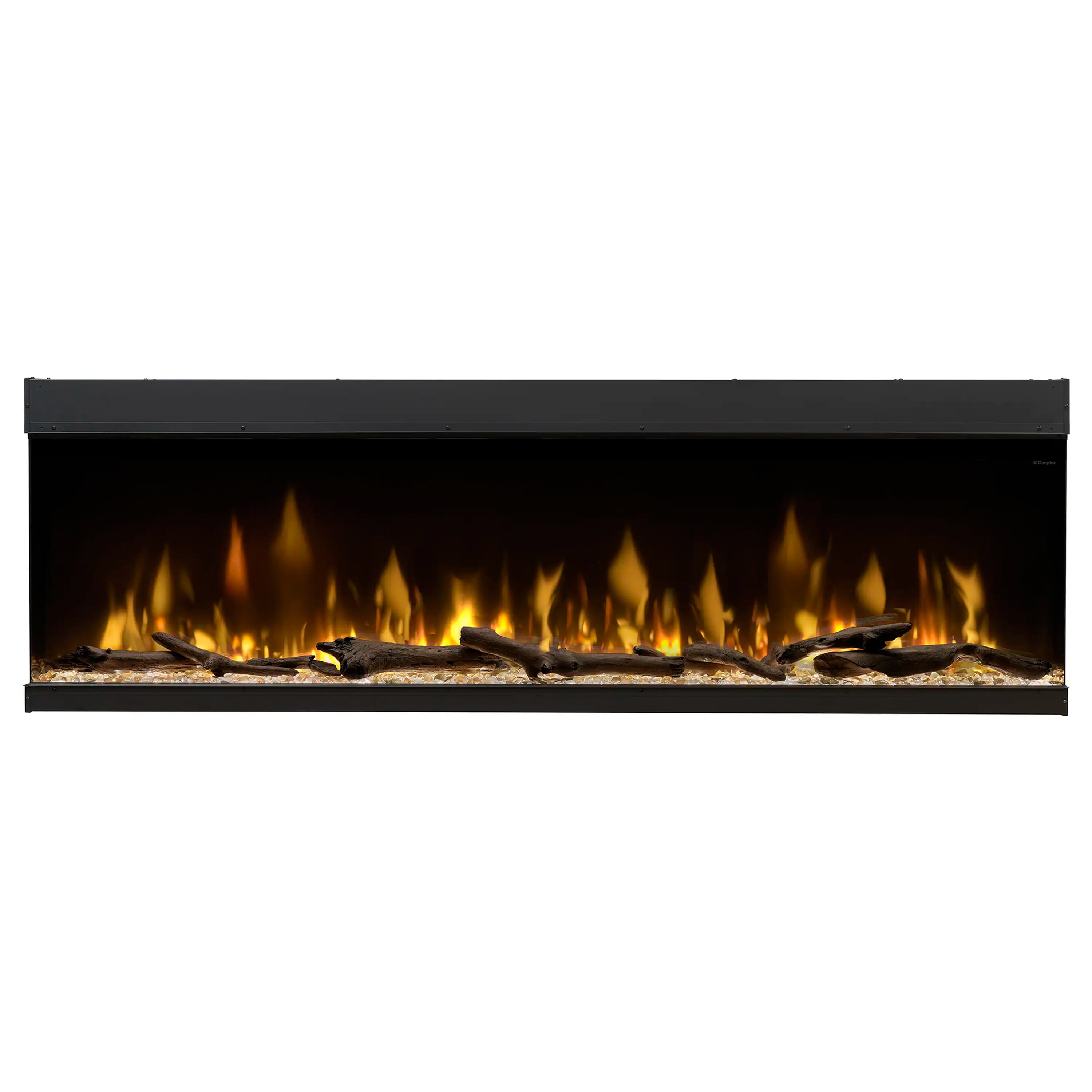 Built-in linear electric fireplace with black surround and bright flame effect