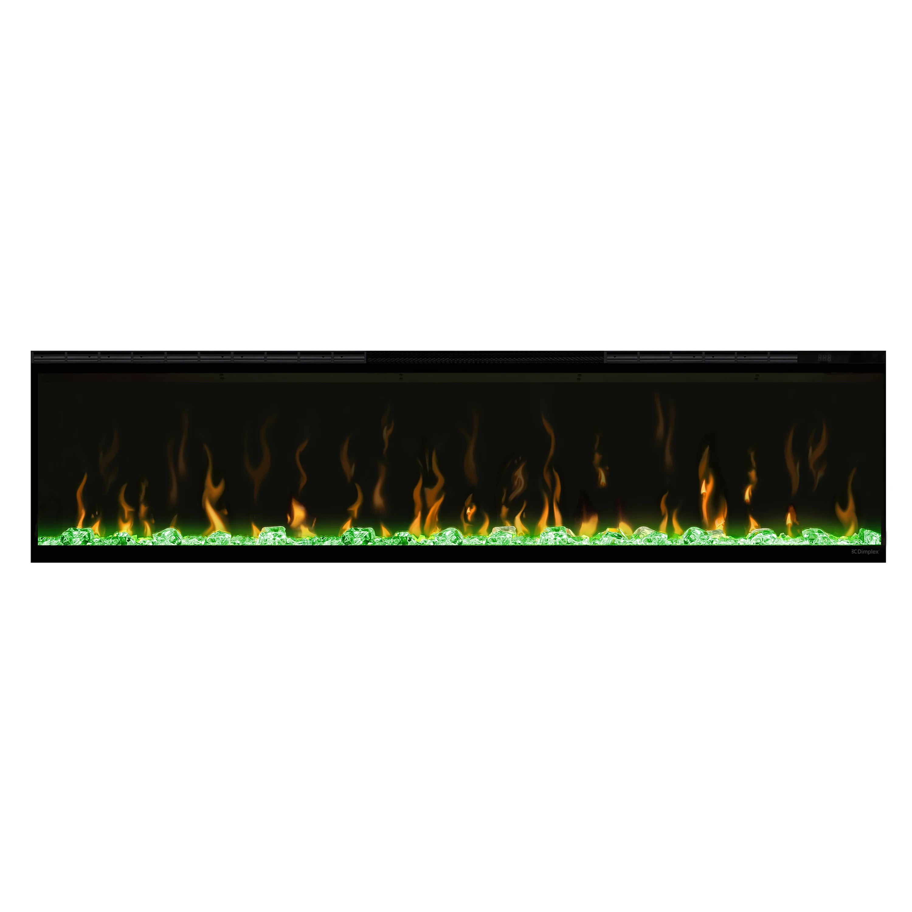 Black linear electric fireplace insert showing wide flame display behind glass window
