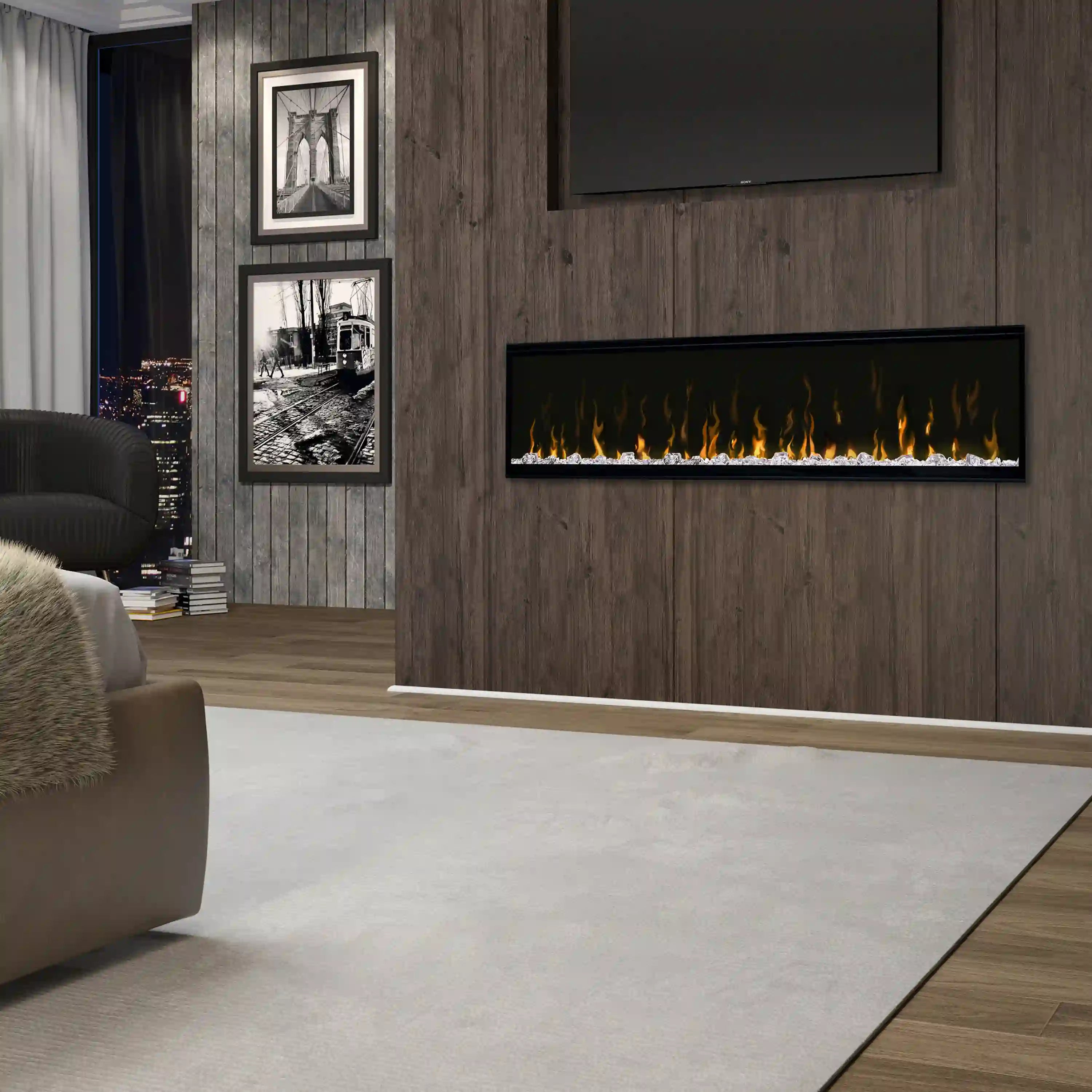 Linear electric fireplace insert recessed in wood-paneled wall with flame display