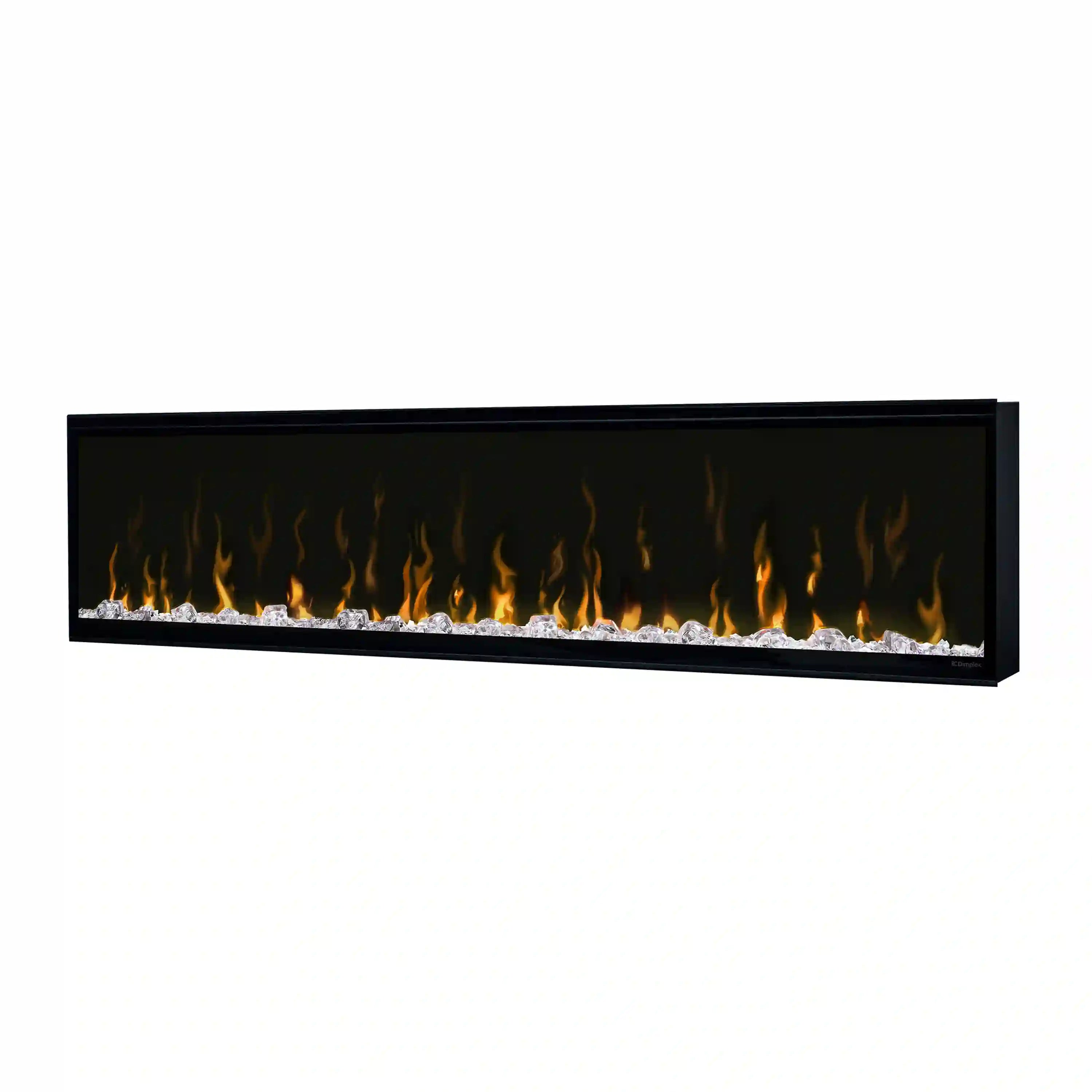 60-inch linear electric fireplace insert with black frame and flame window