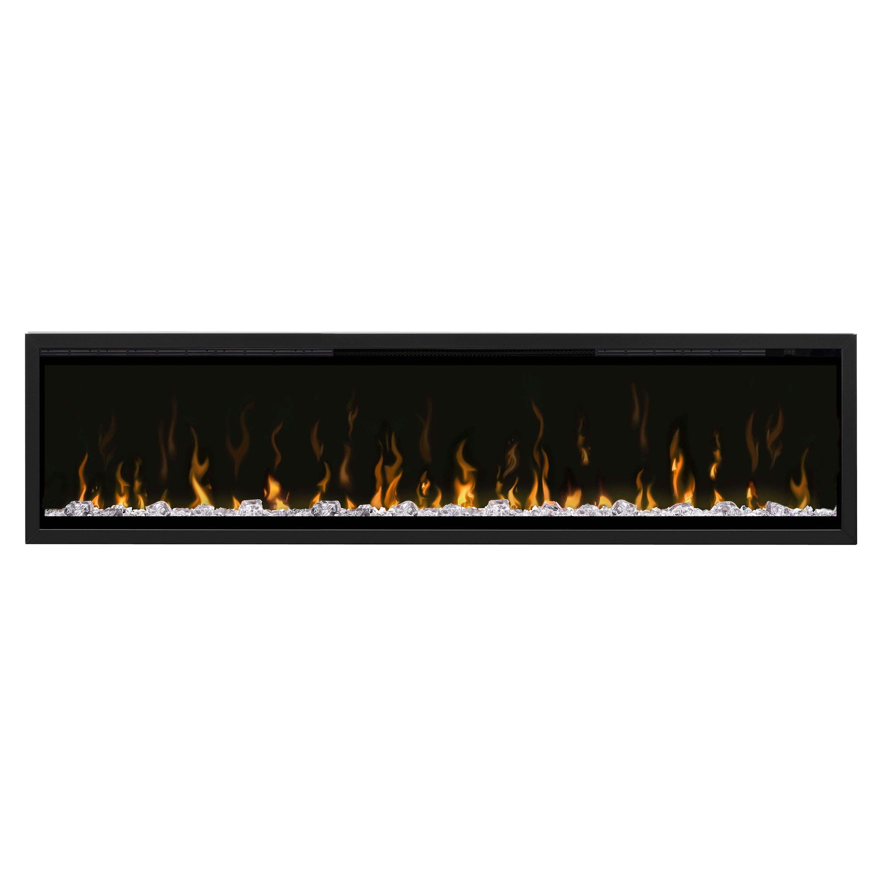 Black 60-inch electric fireplace trim frame with flame effect insert