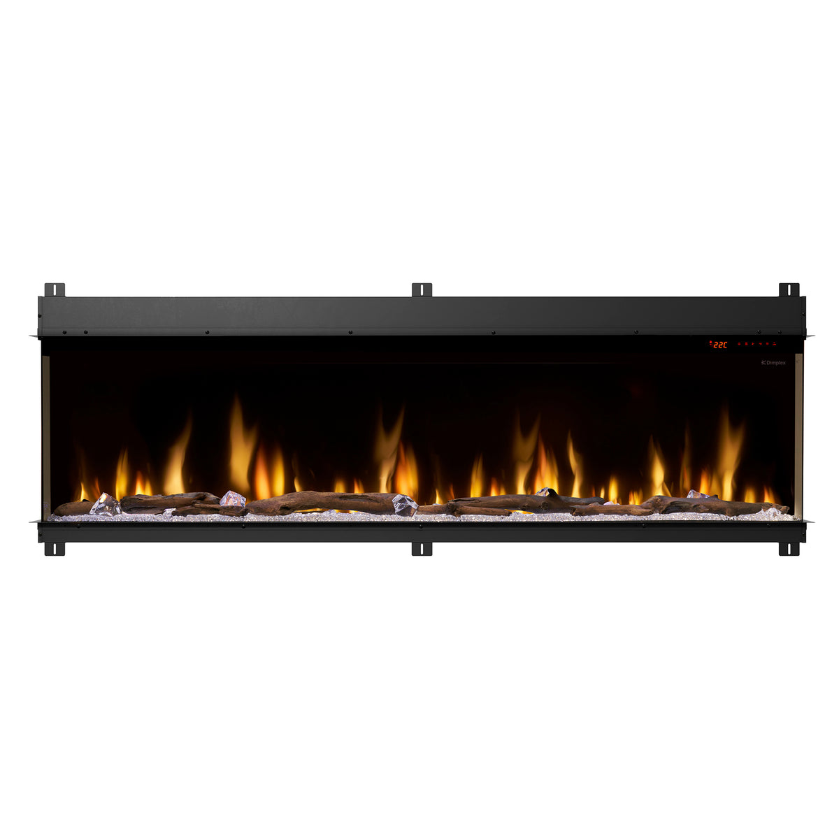 Built-in linear electric fireplace with open front and realistic orange flame bed