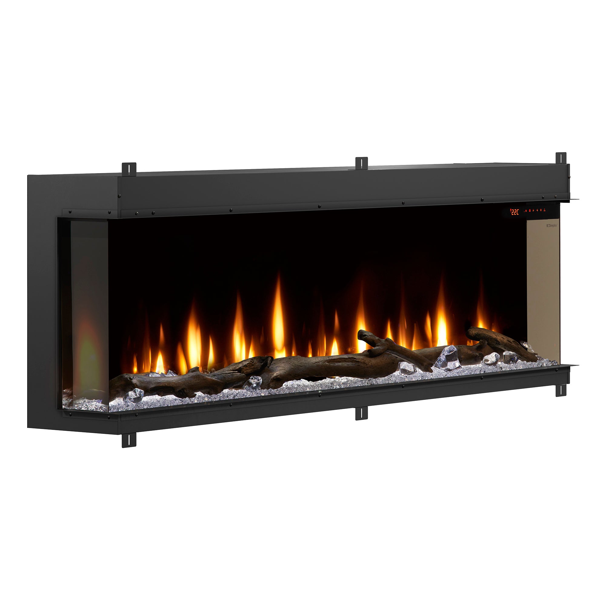 Built-in linear electric fireplace with black frame, orange flames over gray faux stones