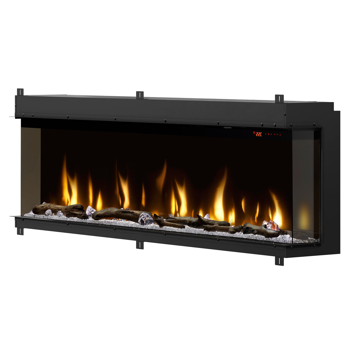 Built-in linear electric fireplace with black frame, glowing flames over gray faux logs