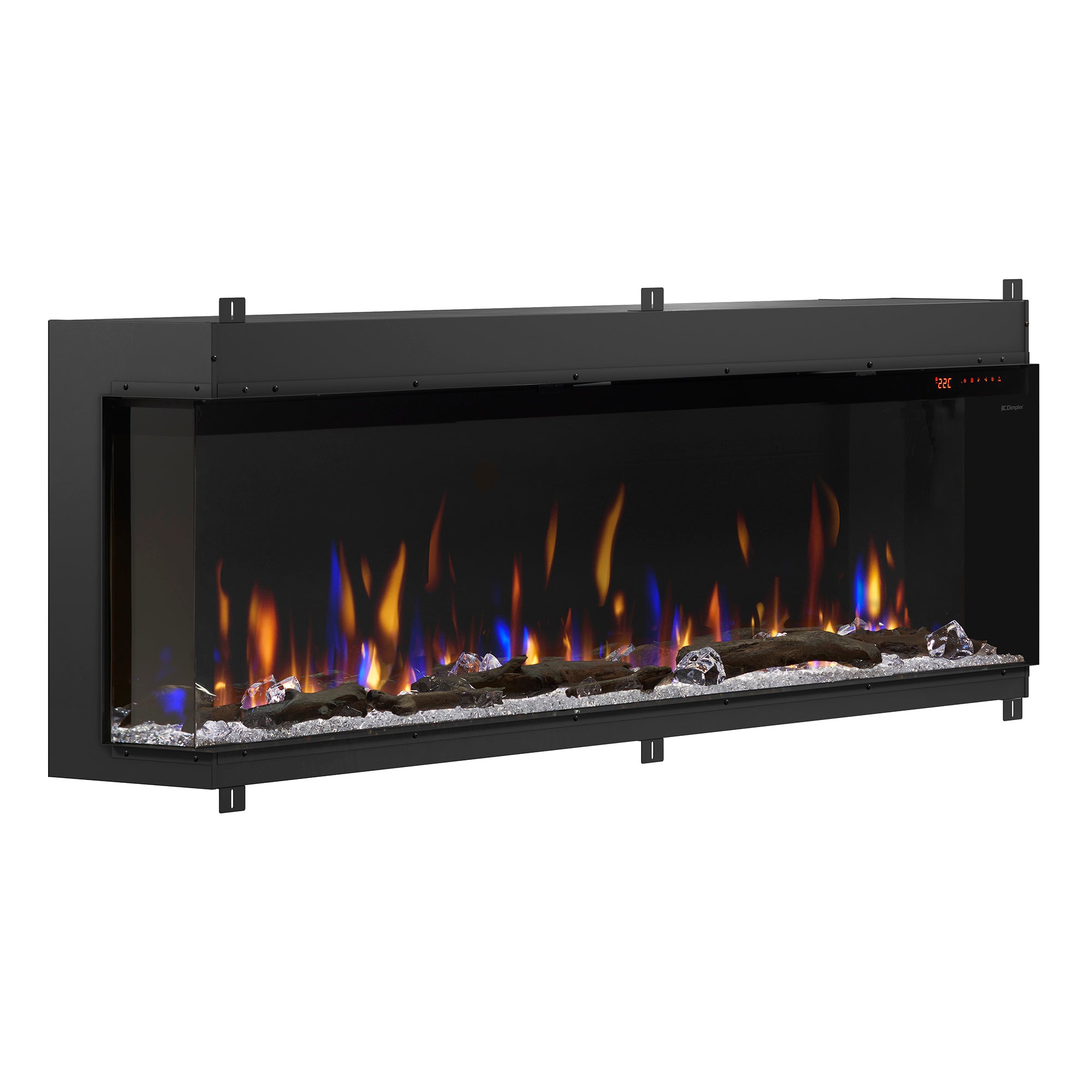 Built-in linear electric fireplace with black frame, blue and orange flame glow behind glass