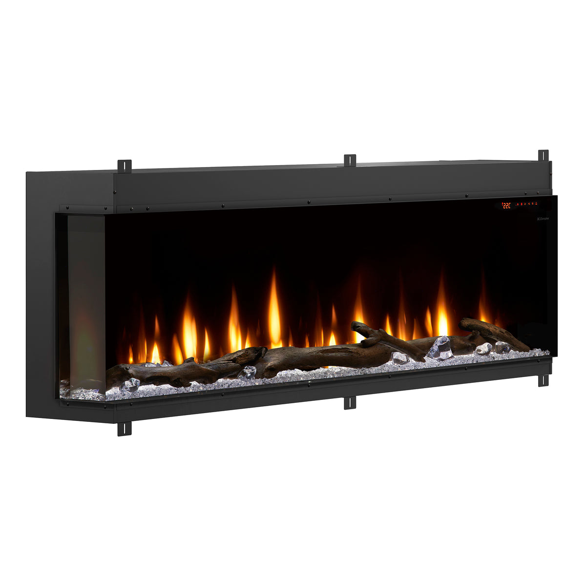 Built-in linear electric fireplace with black frame and glass, orange flame effect and logs