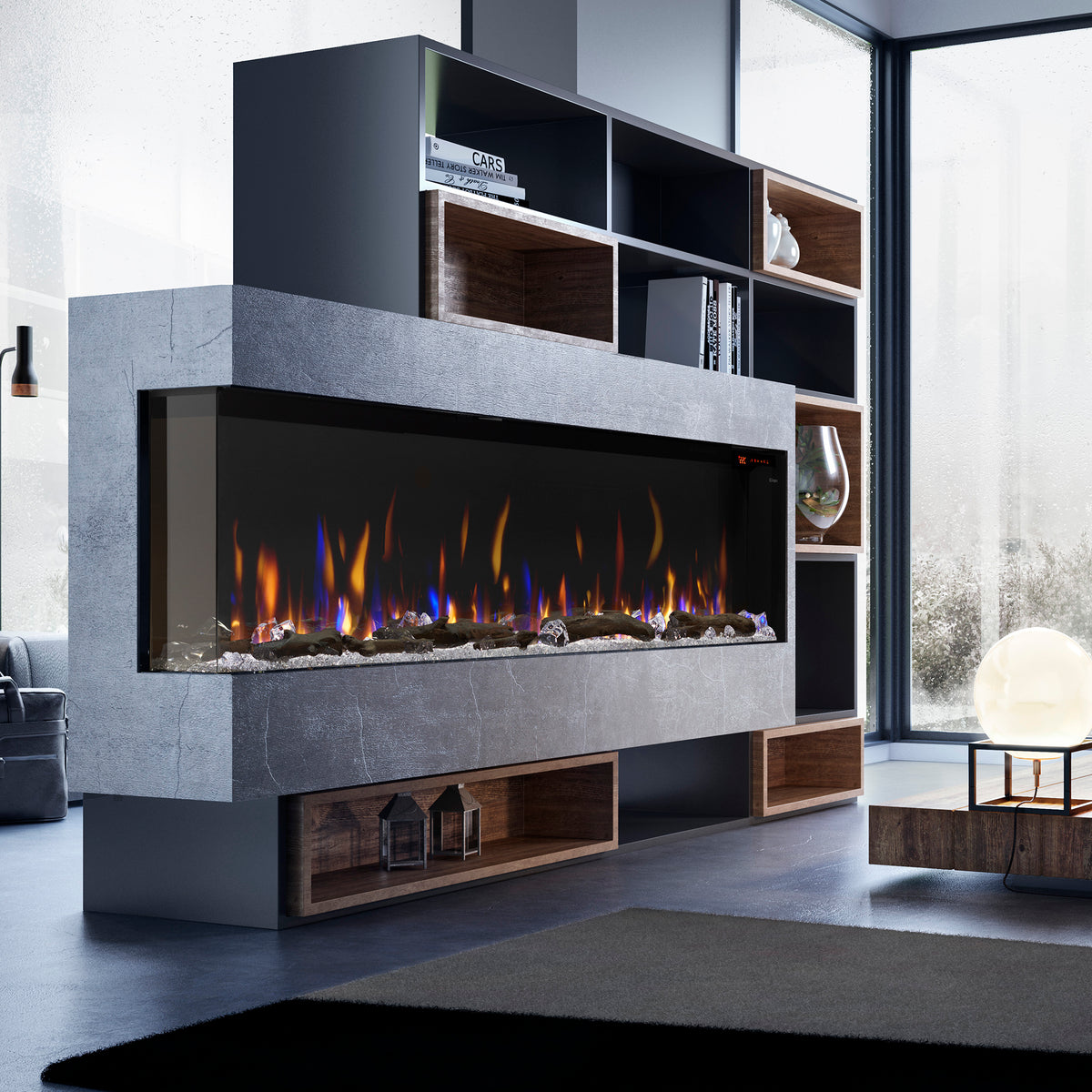 Built-in linear electric fireplace with orange flames in a gray media wall