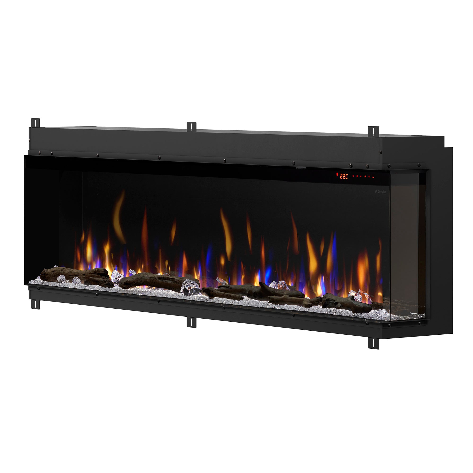 Built-in linear electric fireplace with glass front, amber flames and blue highlights over logs