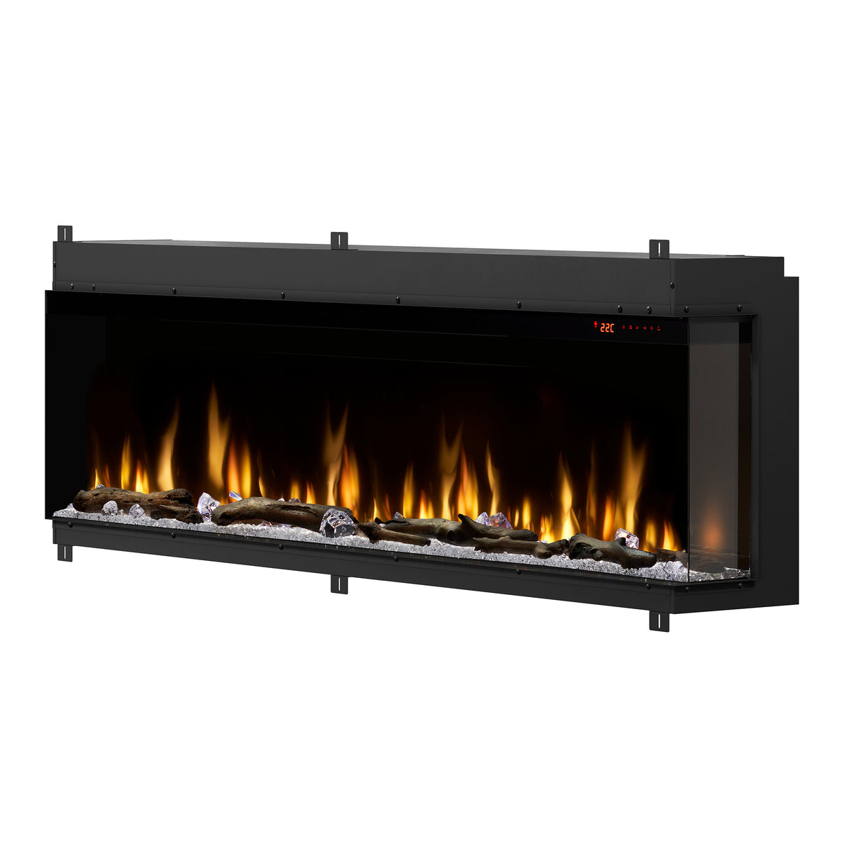Built-in linear electric fireplace with black trim and glass front, orange flame effect
