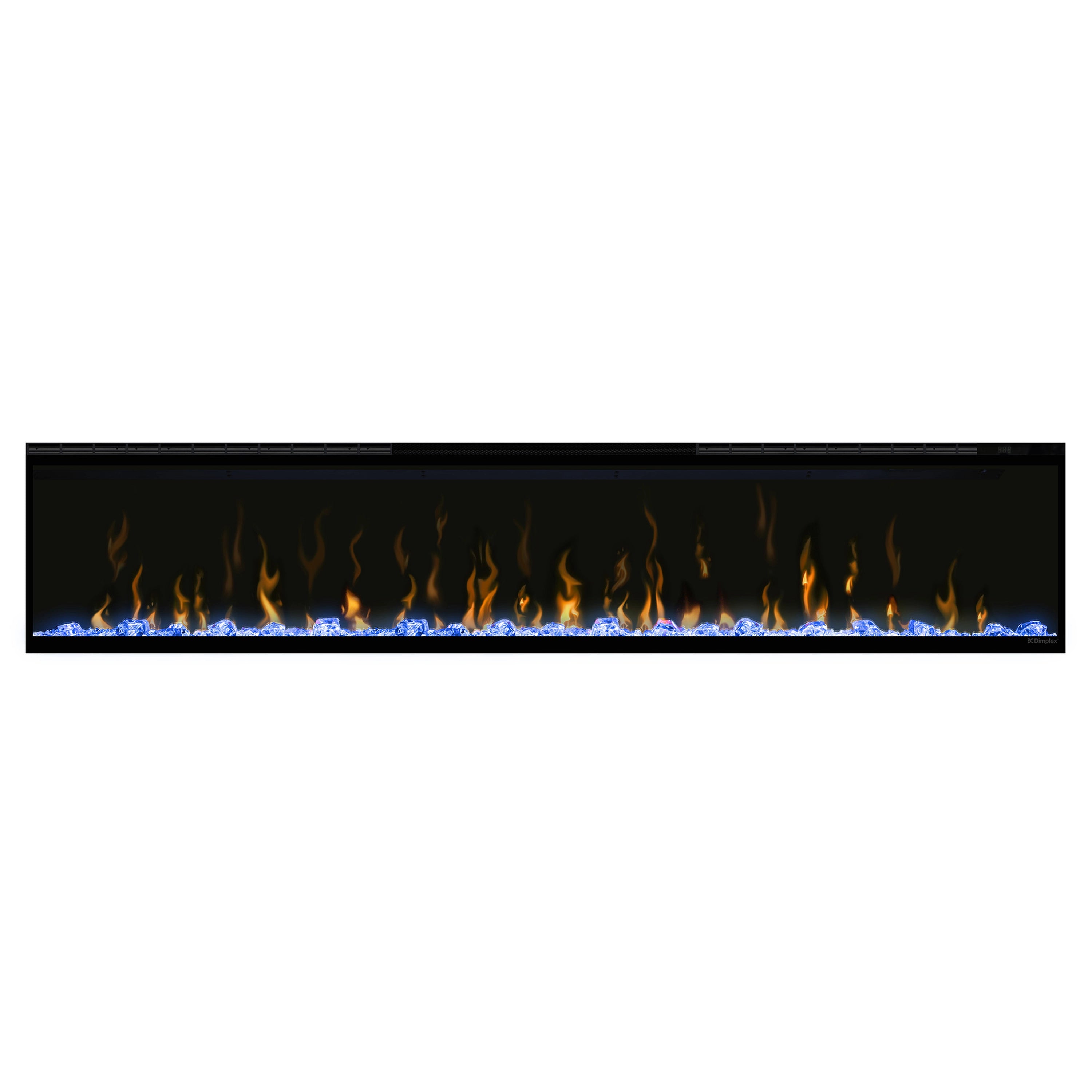Black linear electric fireplace with blue flame-effect glow behind glass