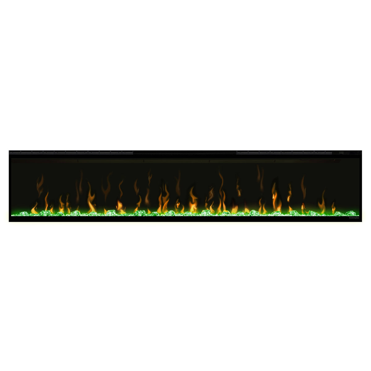 Black linear electric fireplace with green flame-effect glow behind glass