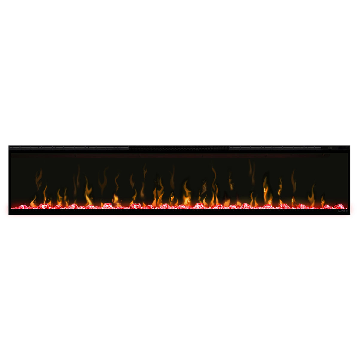 Black linear electric fireplace with red-orange flame-effect glow behind glass
