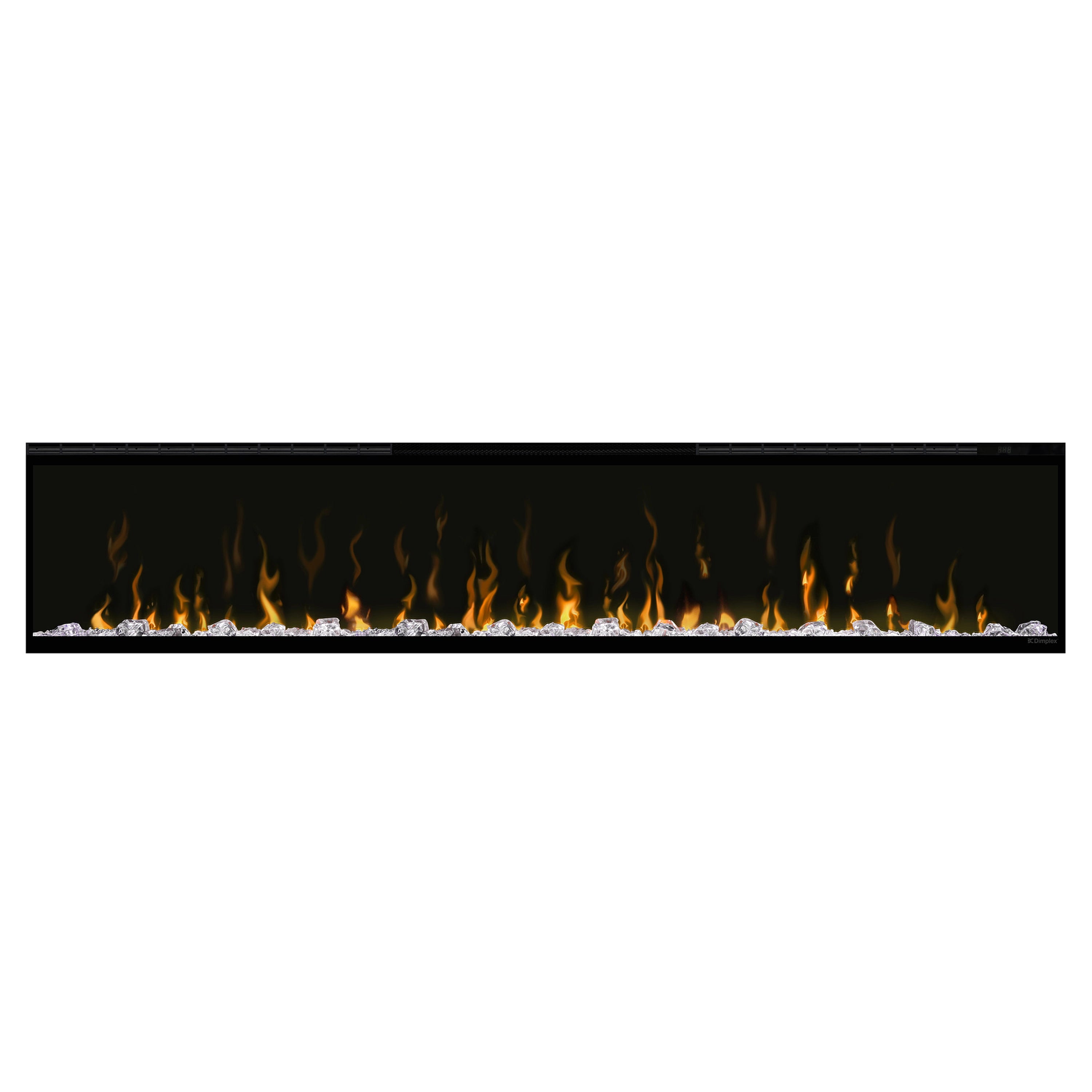 Black linear electric fireplace with multicolor flame-effect glow behind glass