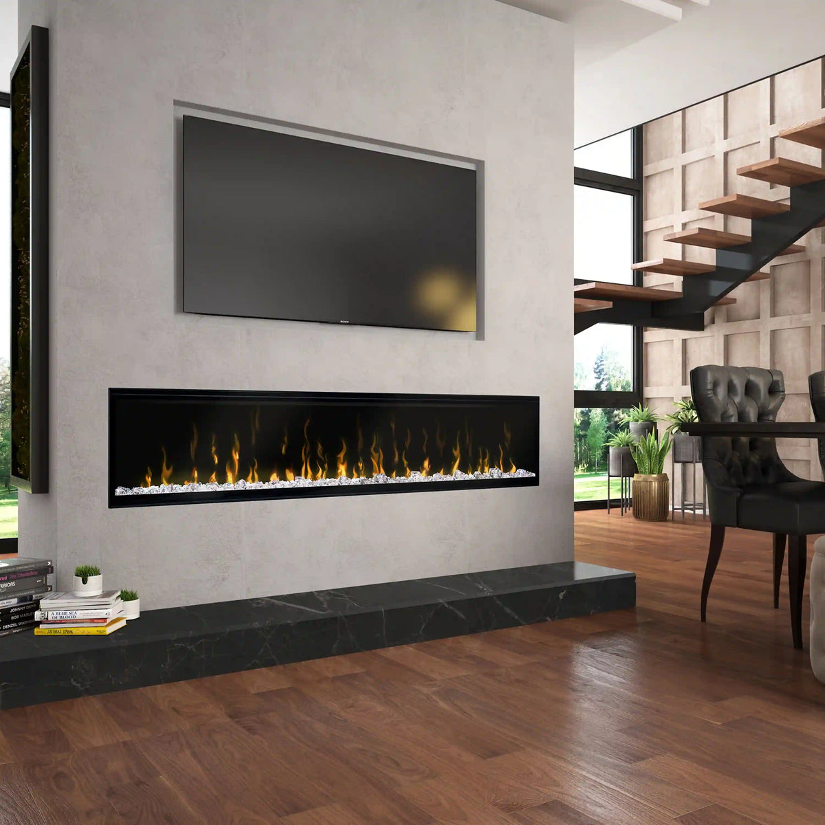 Built-in linear electric fireplace with black frame and yellow-orange flame display