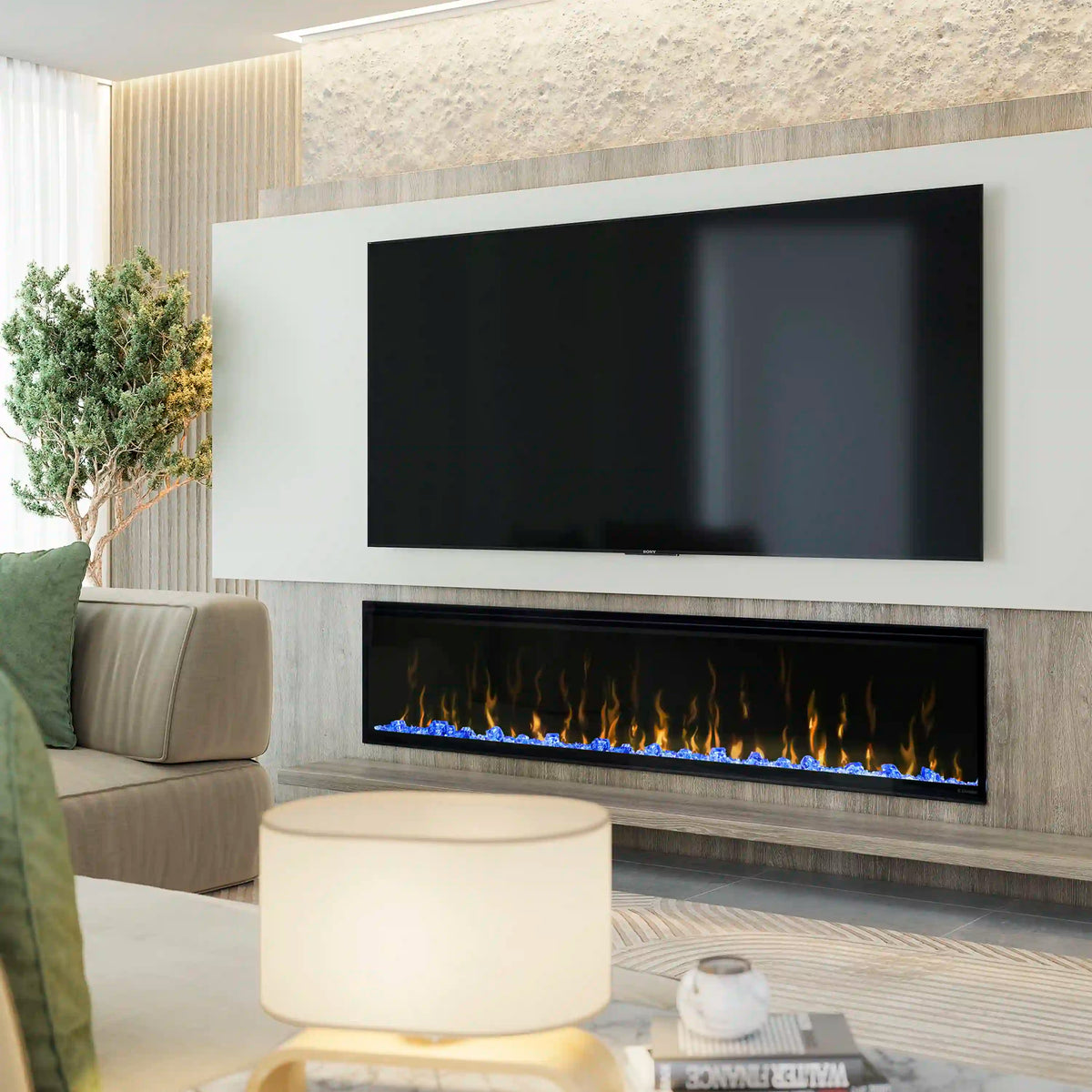 Built-in linear electric fireplace with black glass front and blue flame accents