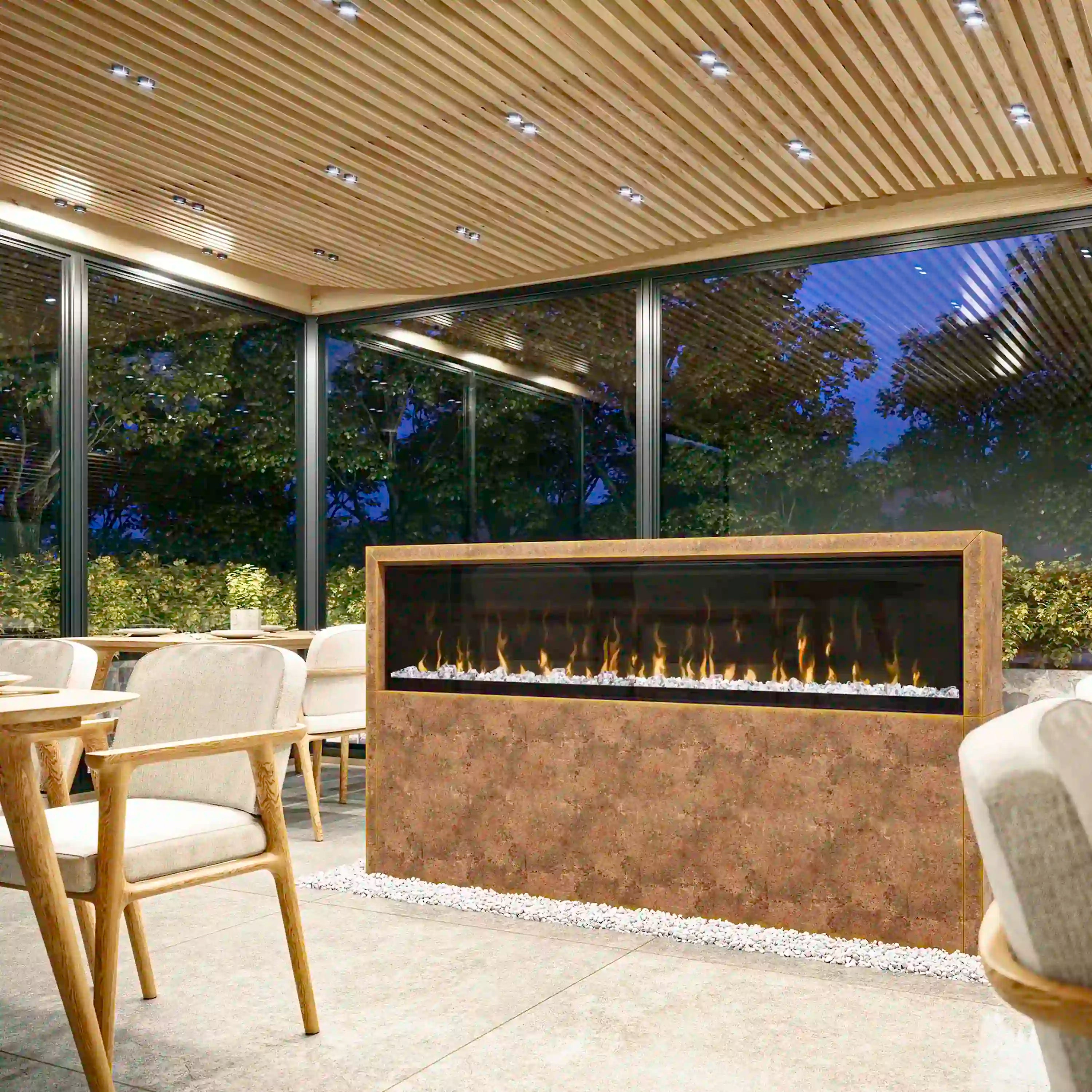 Built-in linear electric fireplace insert with black frame and flame-effect display