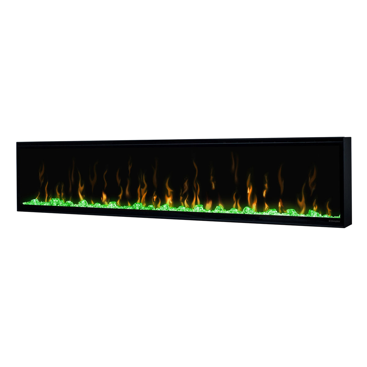 Black linear electric fireplace with flame-effect glow behind glass frame