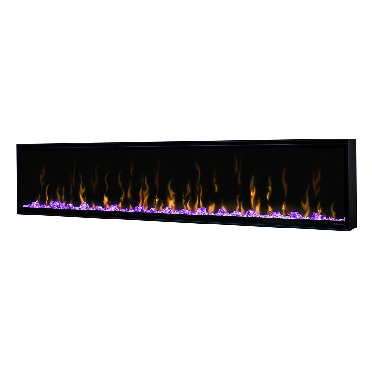Built-in linear electric fireplace with black bezel and purple flame effect
