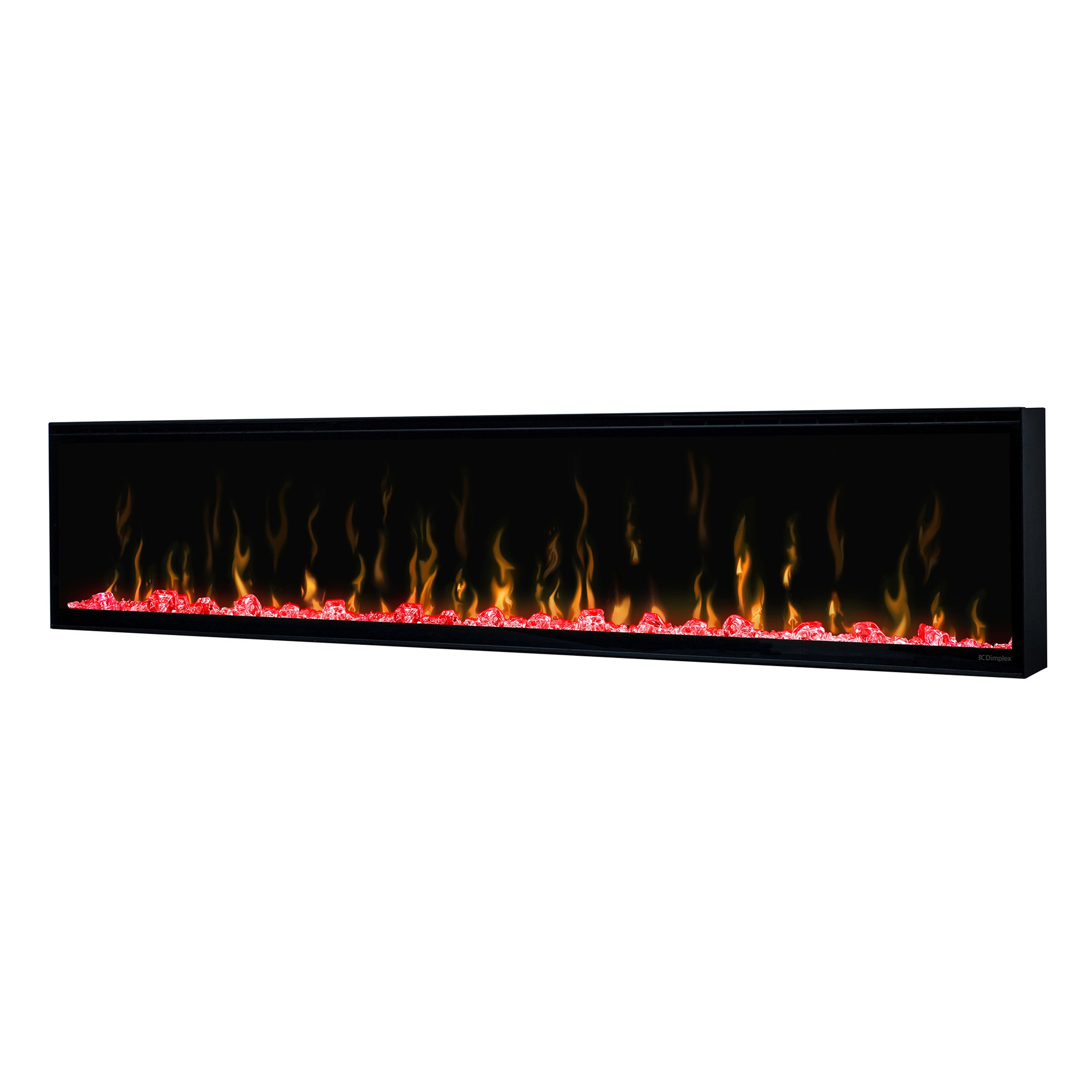 Built-in linear electric fireplace with black bezel and red flame effect