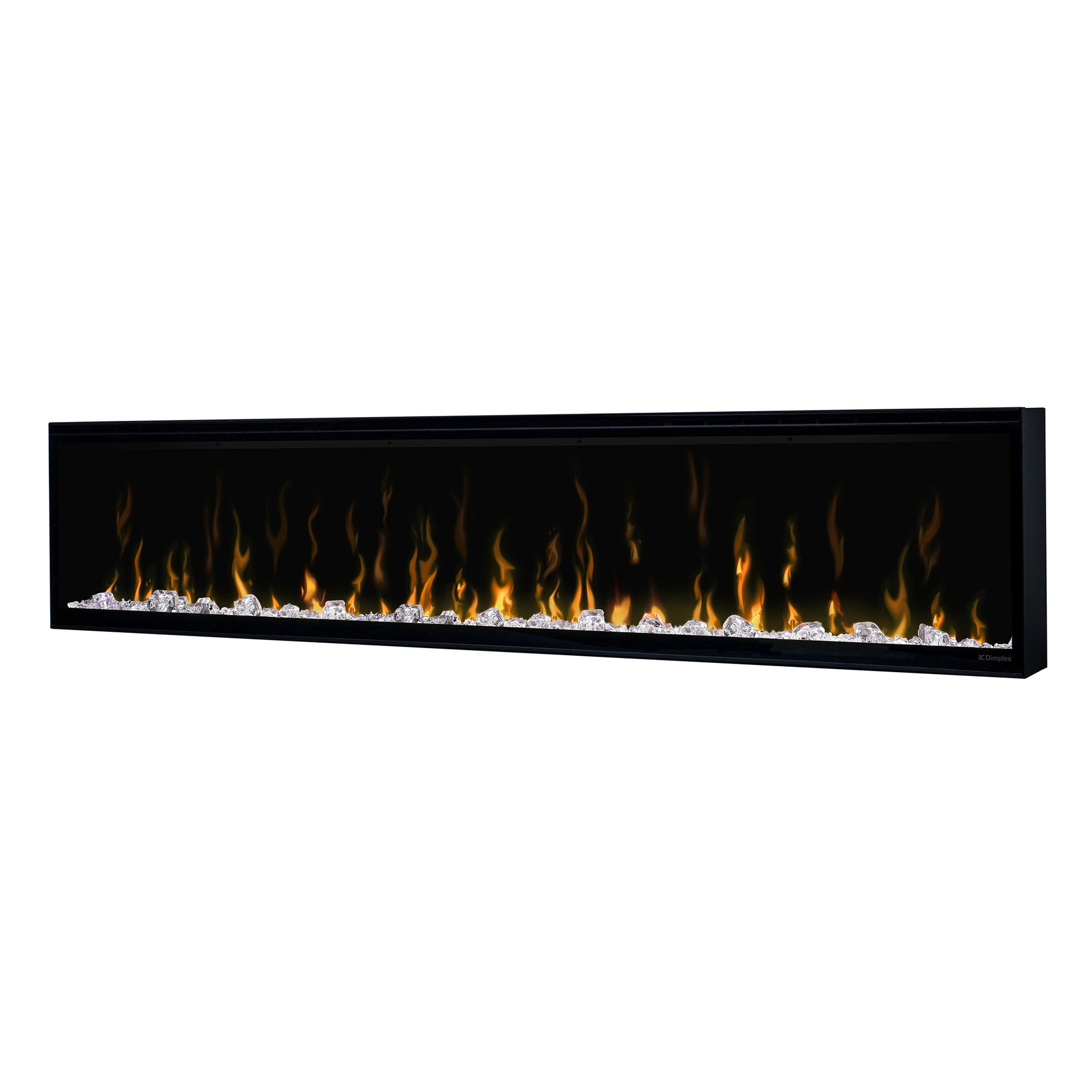 Black linear electric fireplace with bright yellow and orange flame-effect glow