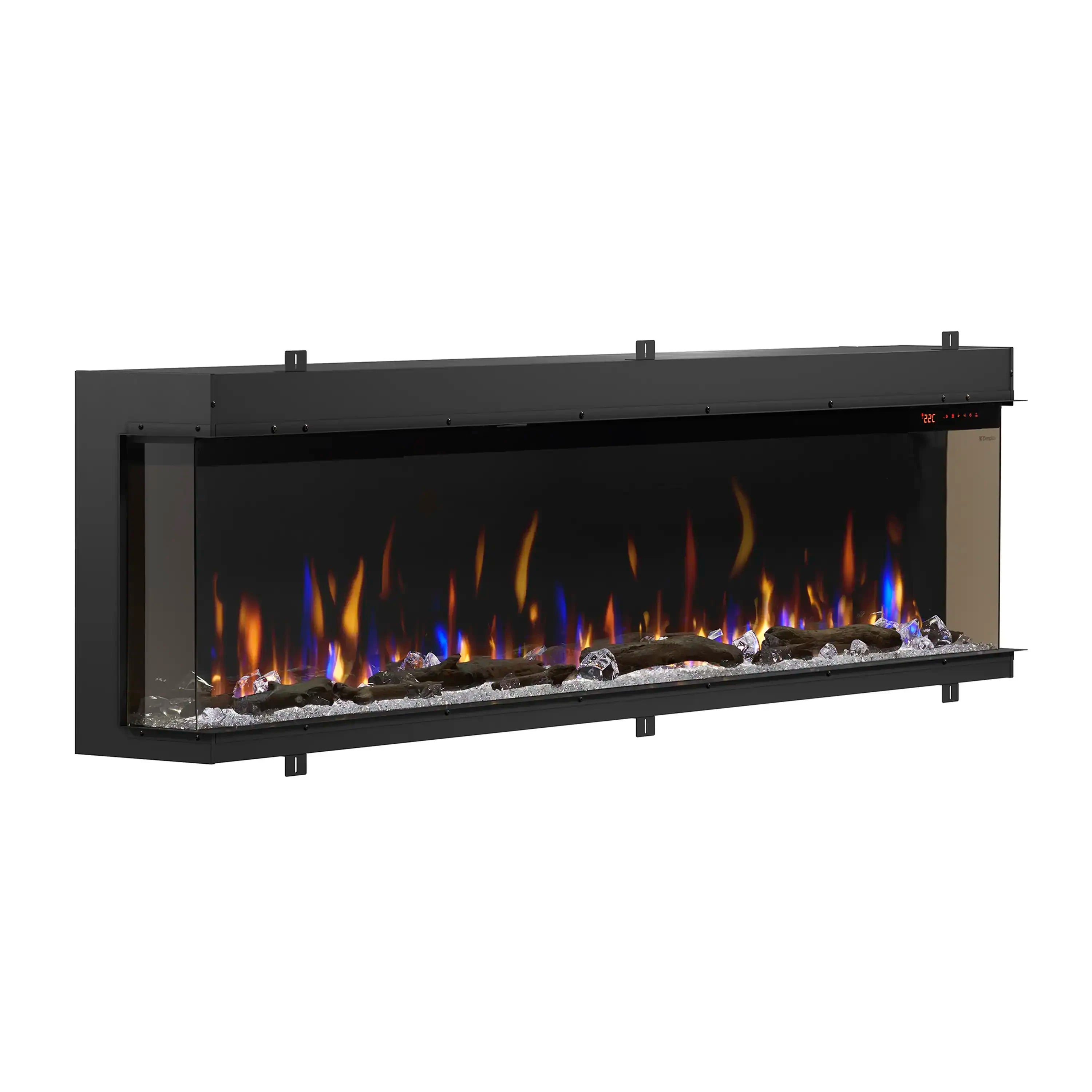 Built-in linear electric fireplace in black housing with glass front and flame effect