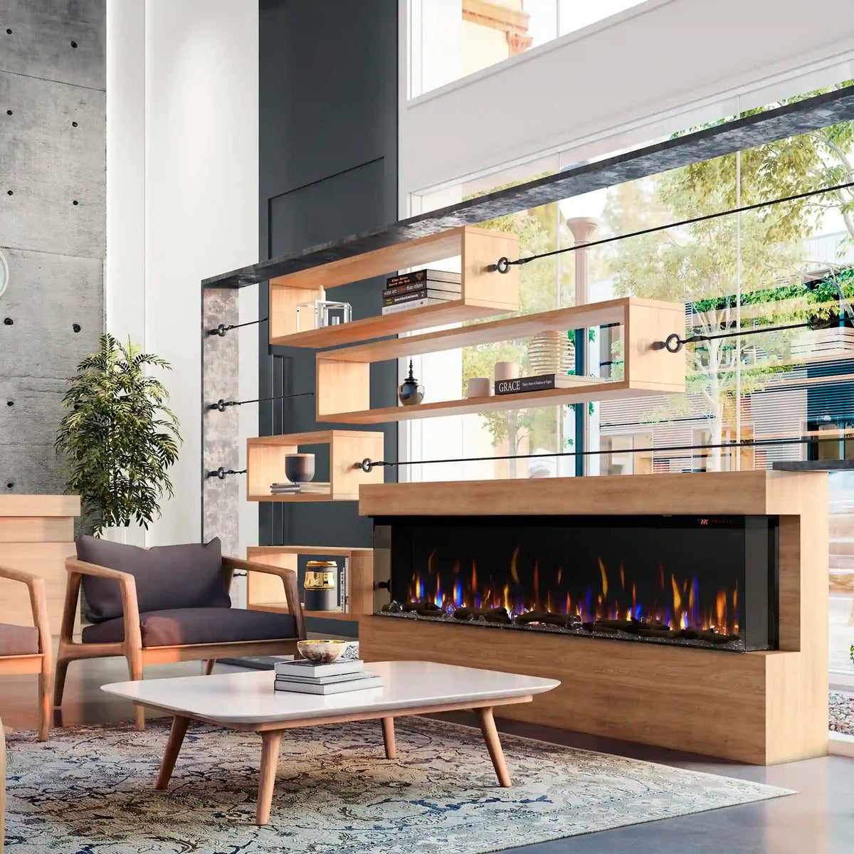 Built-in linear electric fireplace installed in a modern media wall with flame effect