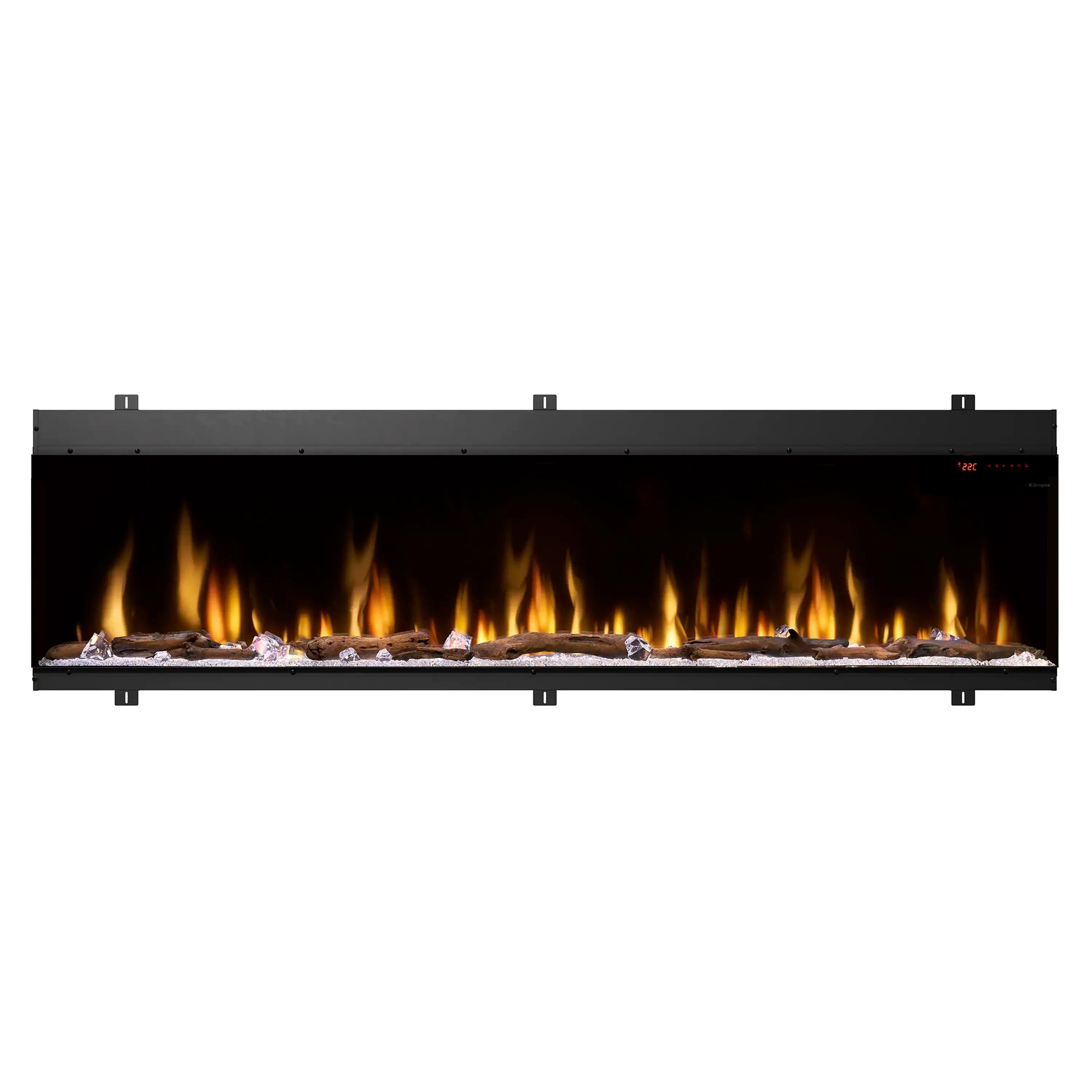 Built-in linear electric fireplace with bright flames and gray faux log bed on black base