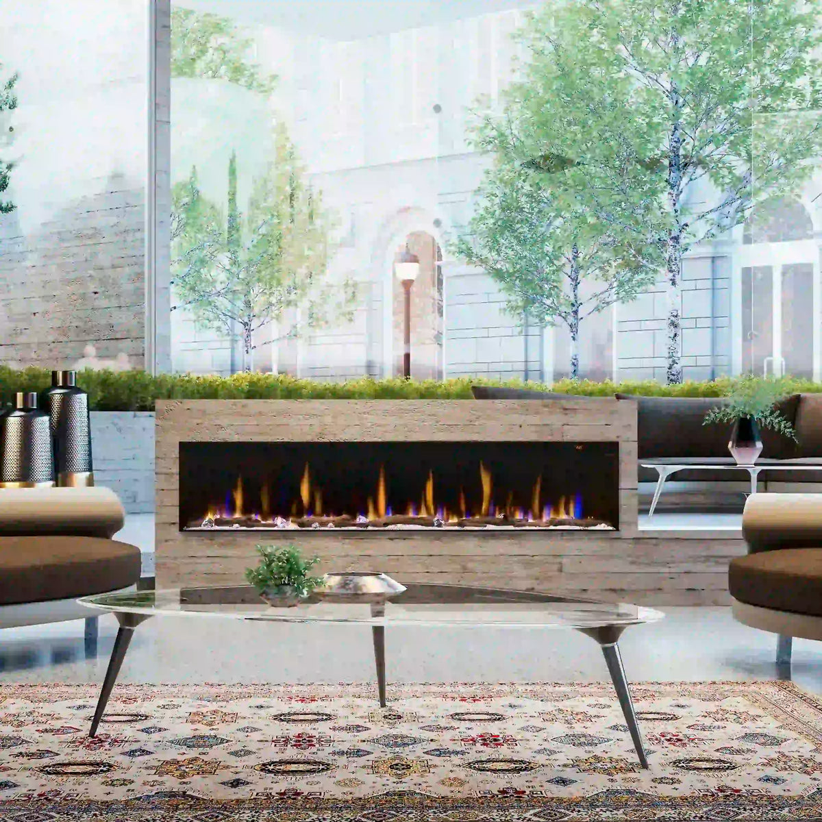 Built-in linear electric fireplace with realistic flames in a wall opening