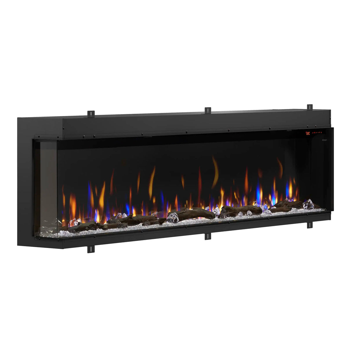 Linear electric fireplace insert with black surround and LED flame display over faux logs