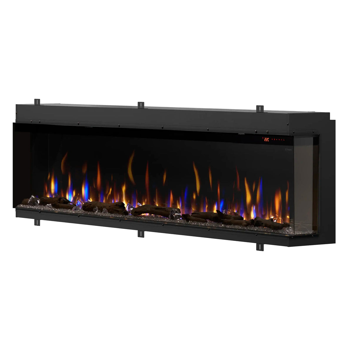 Linear electric fireplace with black trim, glass window, and colorful LED flames