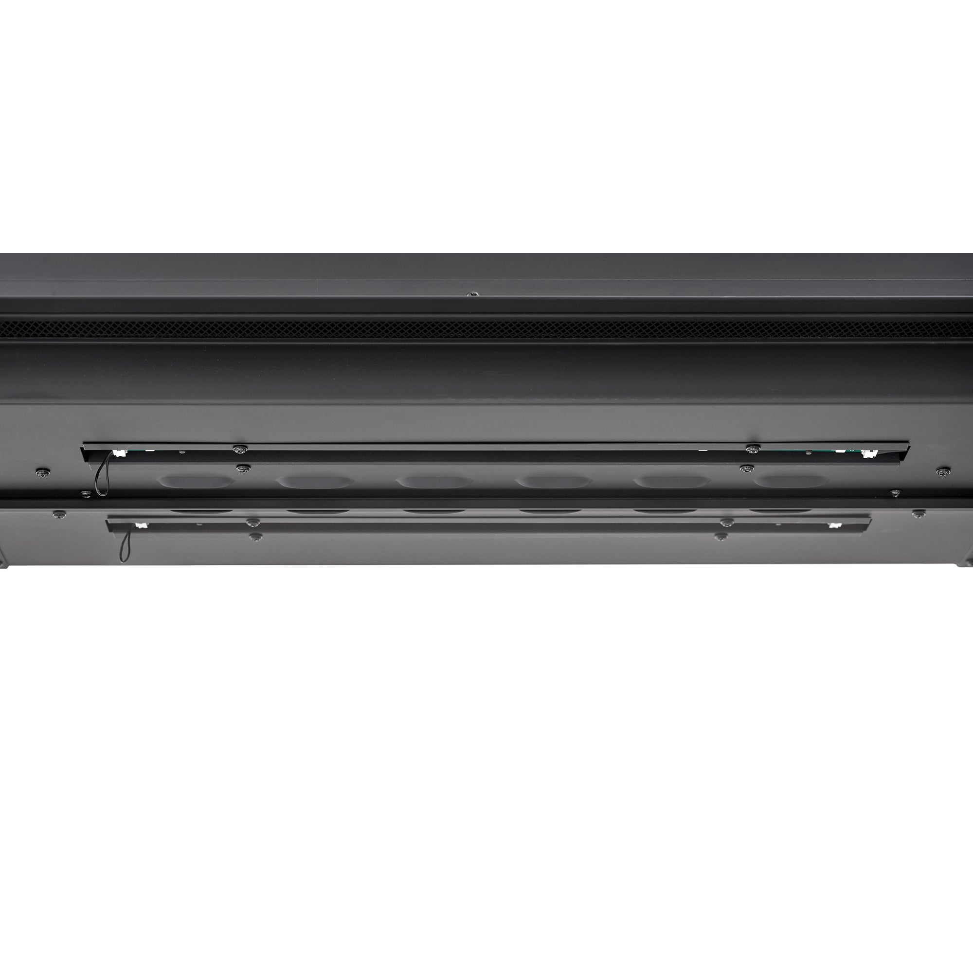 Underside of linear electric fireplace showing vents and mounting hardware