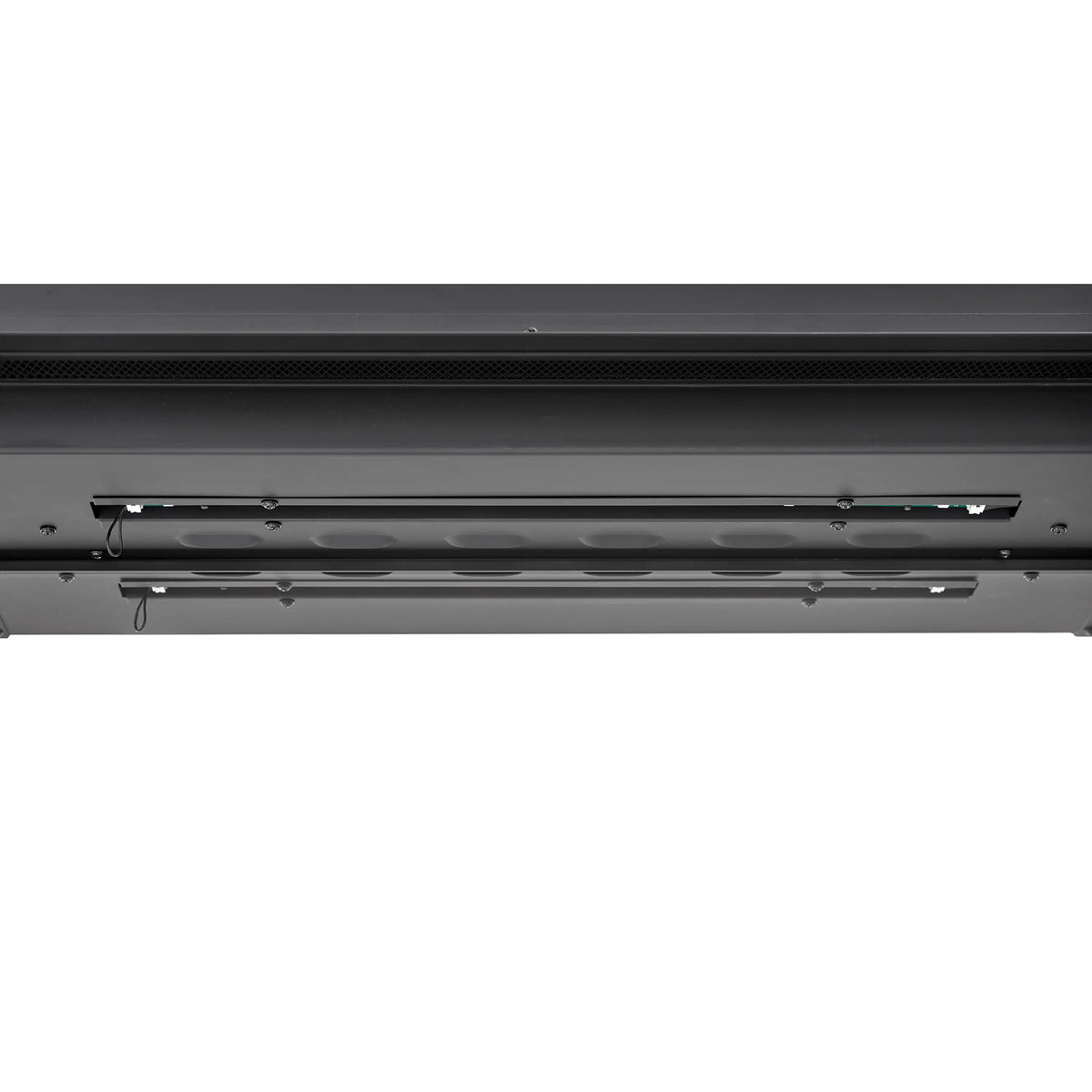 Built-in linear electric fireplace metal vent grille underside view