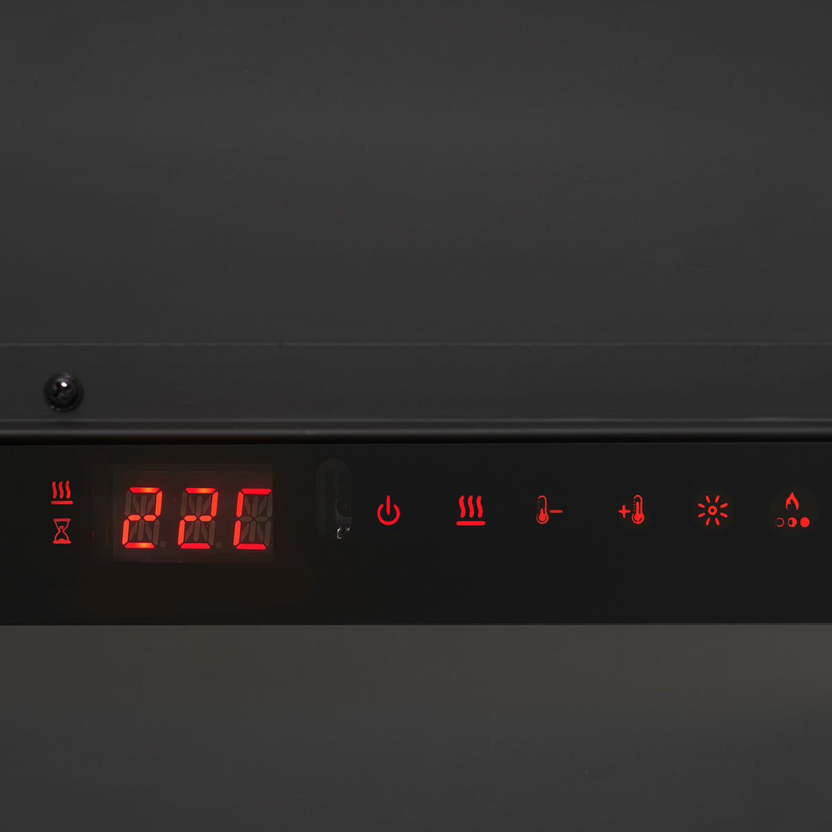 Linear electric fireplace control panel showing red temperature/time LED readout