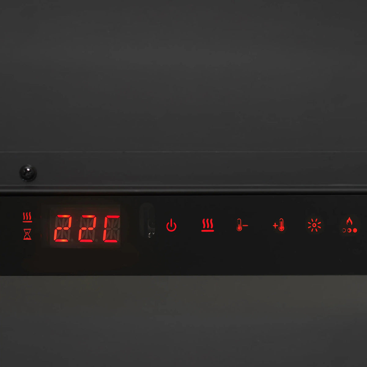Linear electric fireplace control panel with red LED icons and 22 display
