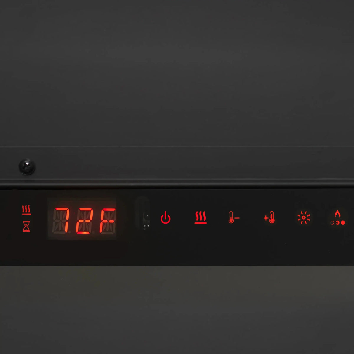 Built-in linear electric fireplace control panel with red LED flame and heat icons