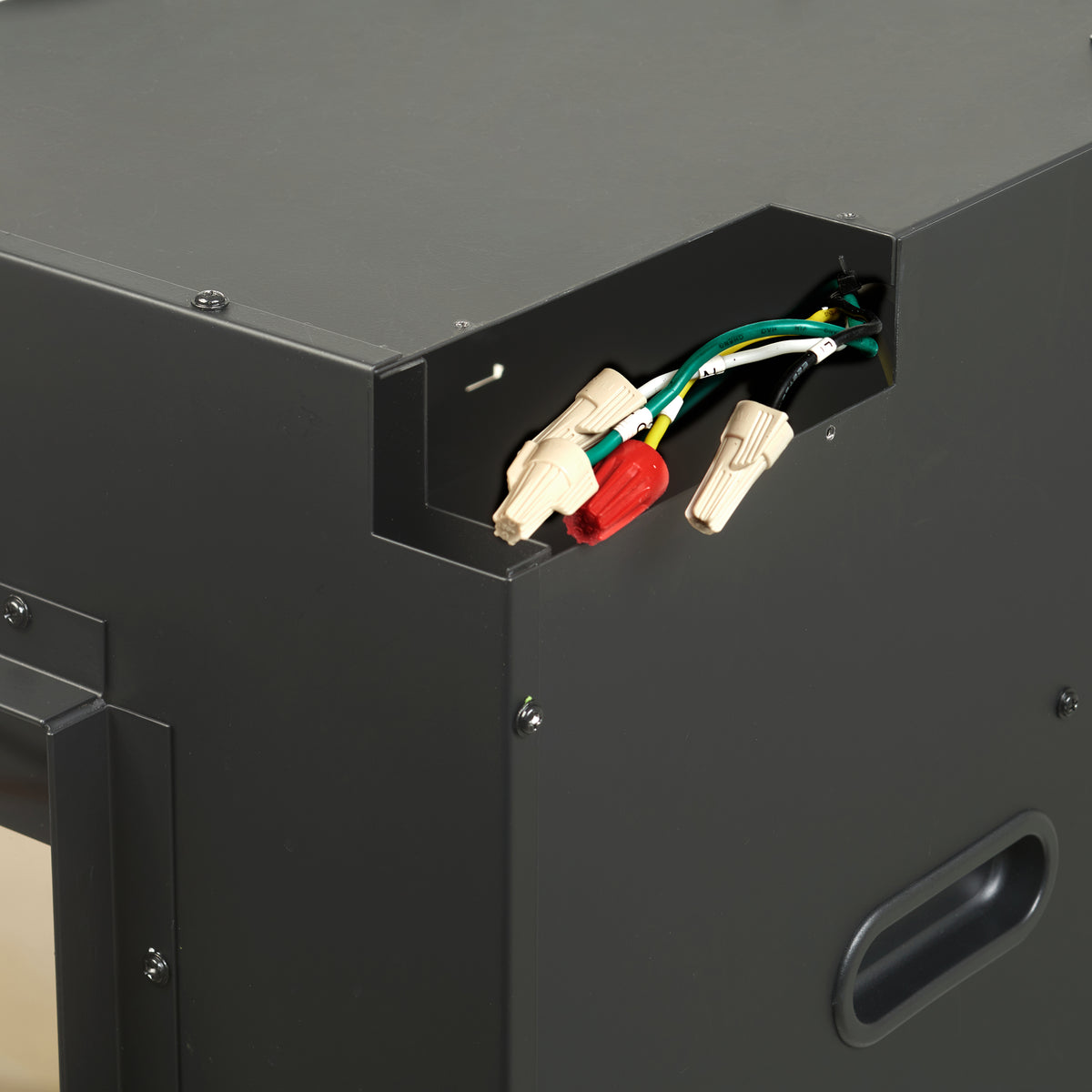 Black built-in linear electric fireplace cabinet with open wiring terminals in side panel