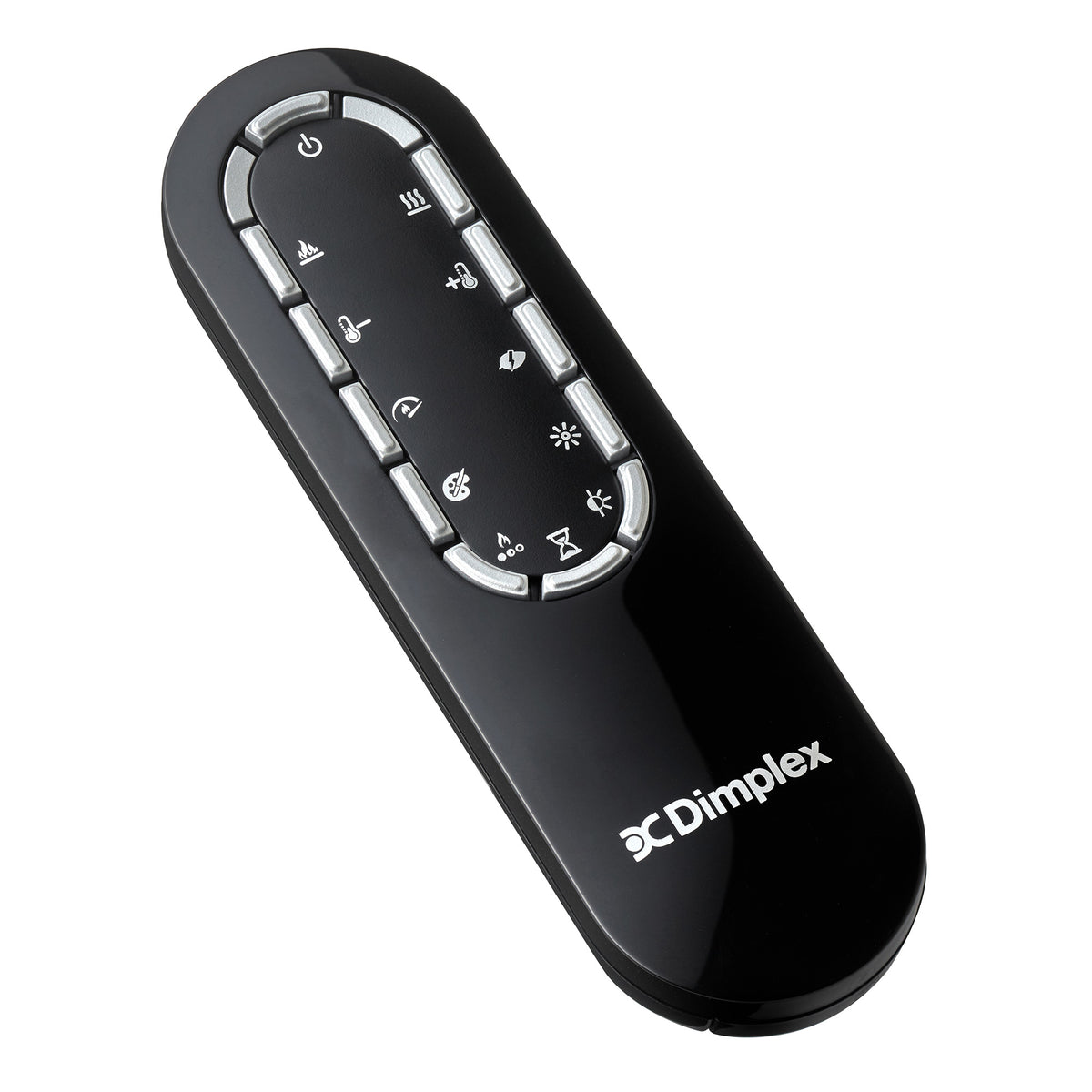 Black Dimplex handheld remote control with function buttons and display icons