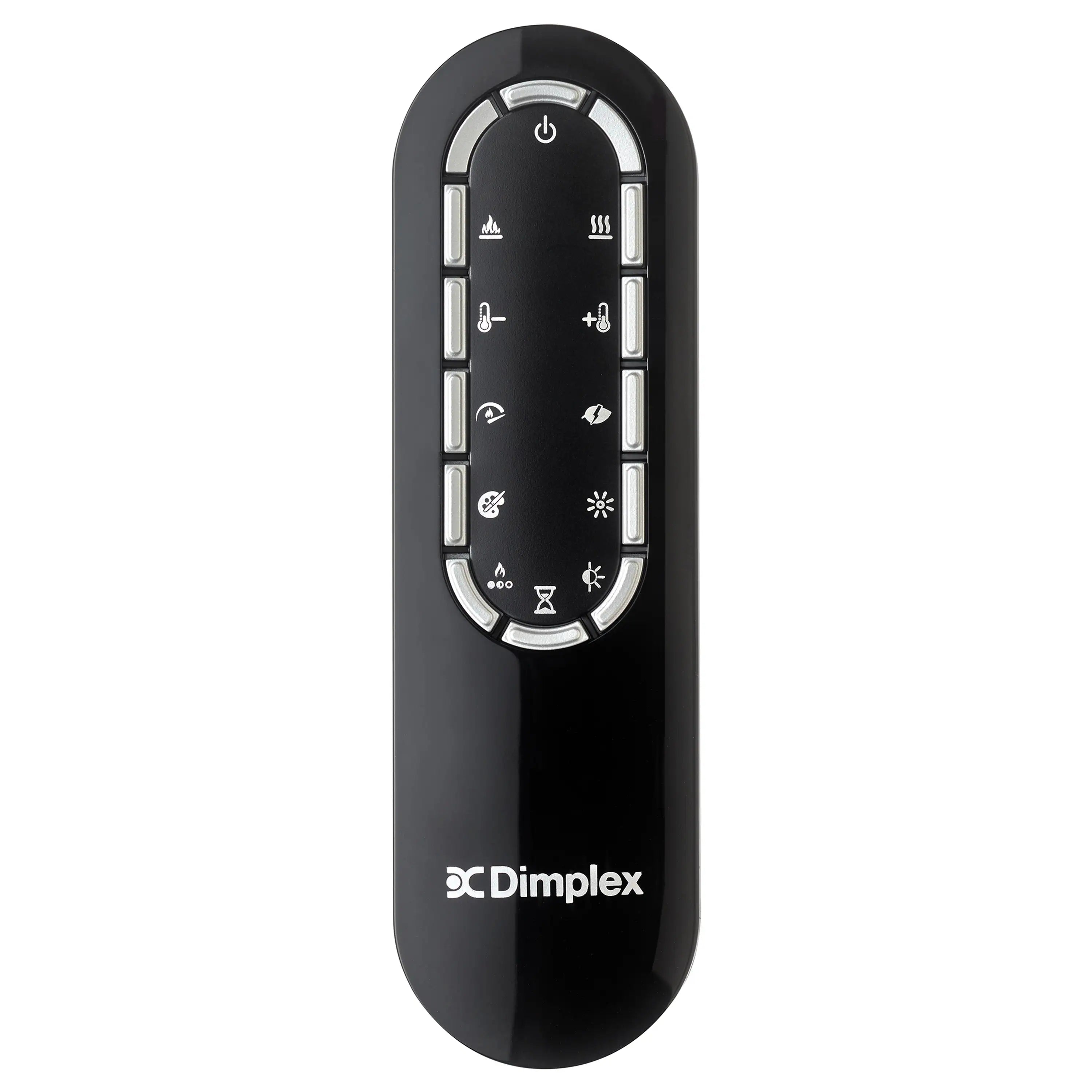 Dimplex handheld remote with button layout and control icons for electric fireplace